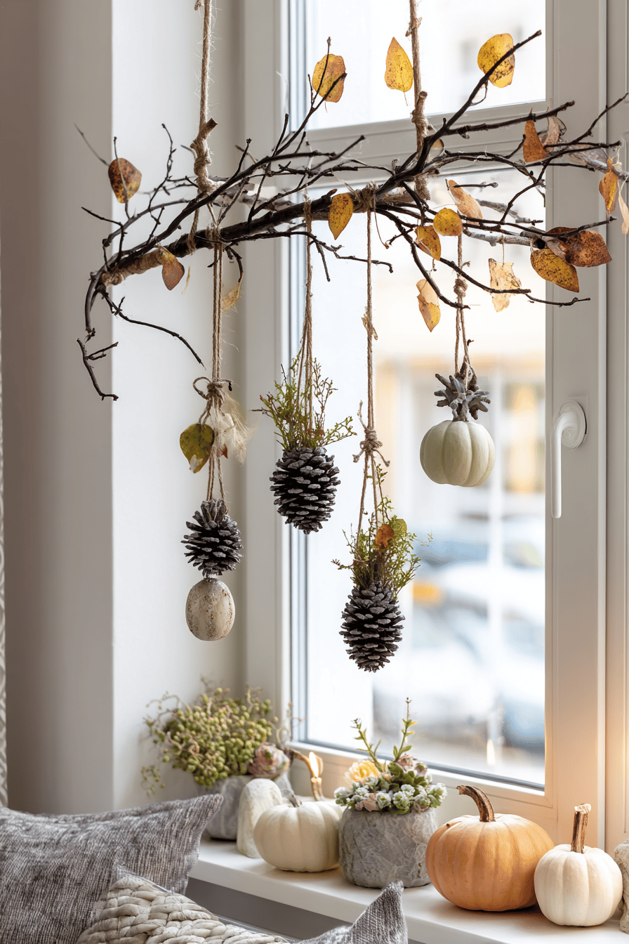 Hängedeko aus Ästen mit Zapfen und Blättern an einem Fenster.