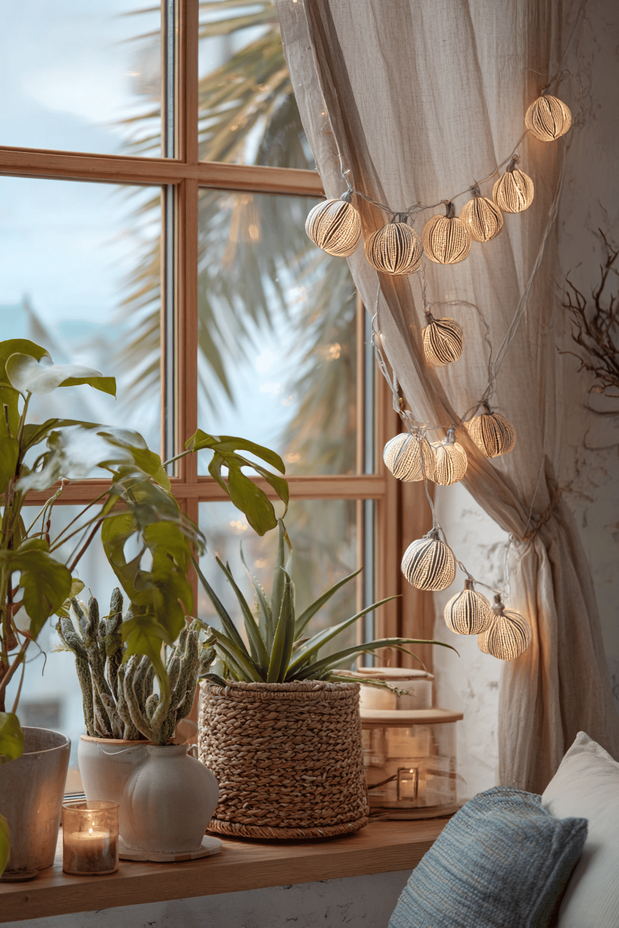 Ein Fensterbereich dekoriert mit Kürbis-Lichterketten und Zimmerpflanzen.
