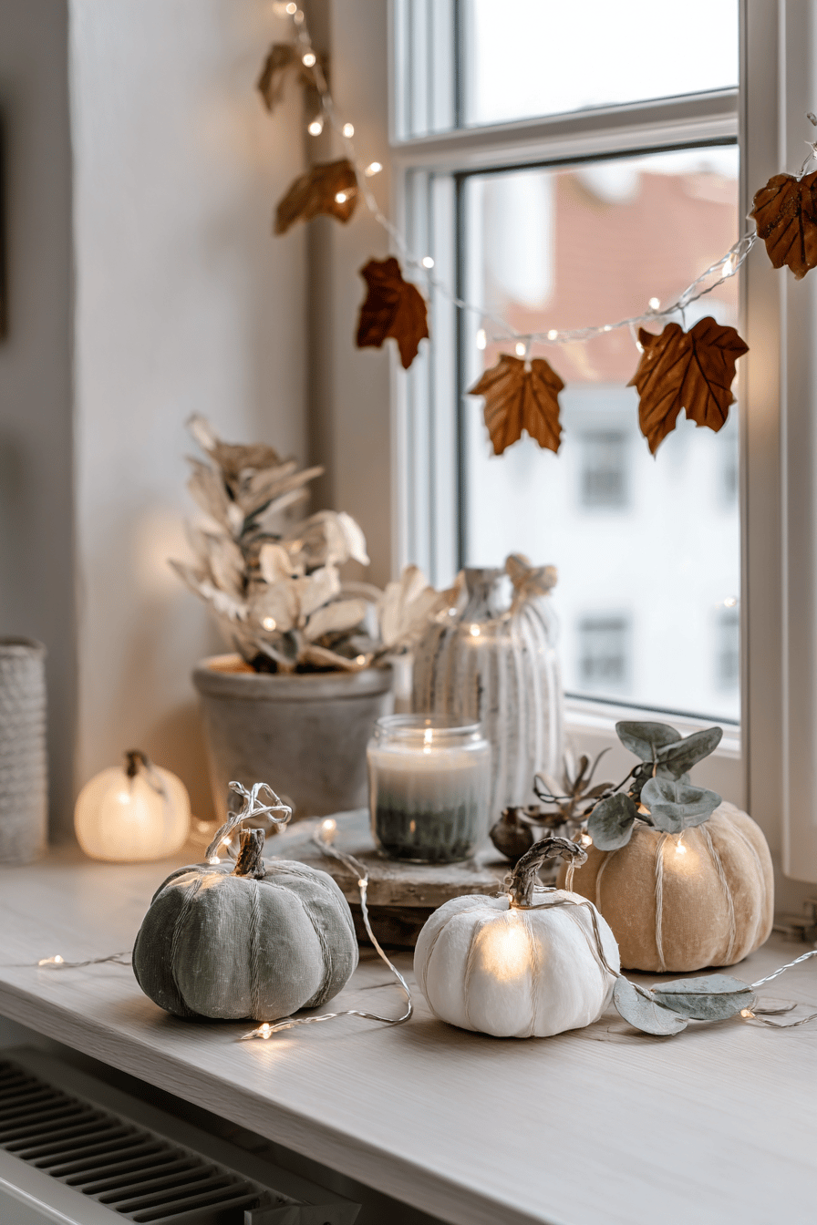 Herbstliche Dekoration mit Kürbissen und Lichterketten auf einer Fensterbank.
