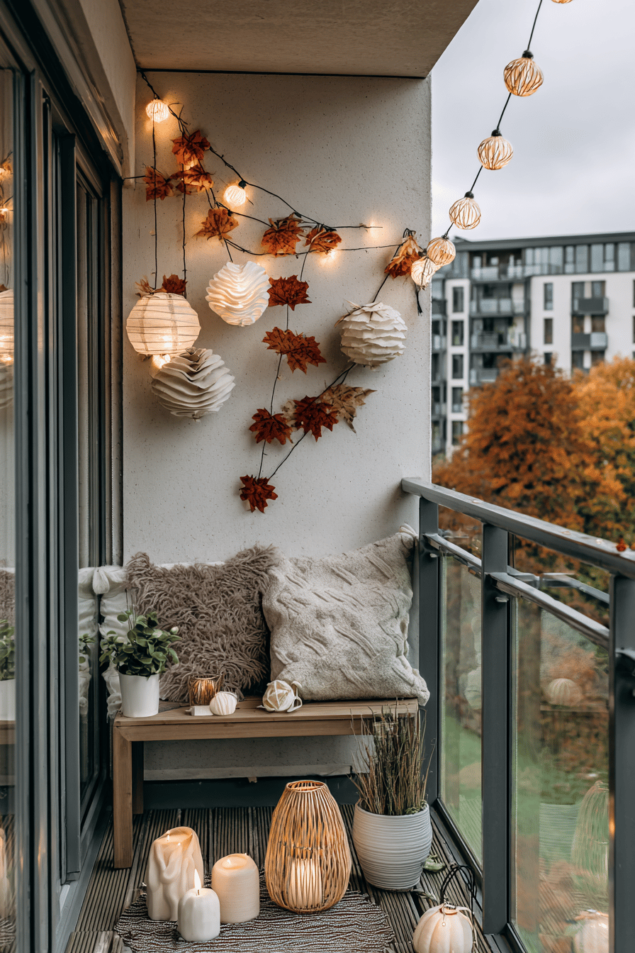 Ein herbstlich dekorierter Balkon mit warmen Lichterketten und Laternen.