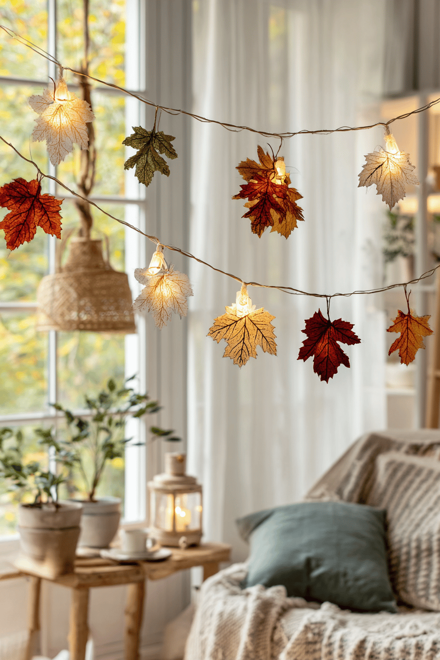 Herbstlich dekorierte Lichterkette mit bunten Blättern vor einem gemütlichen Wohnzimmerfenster.