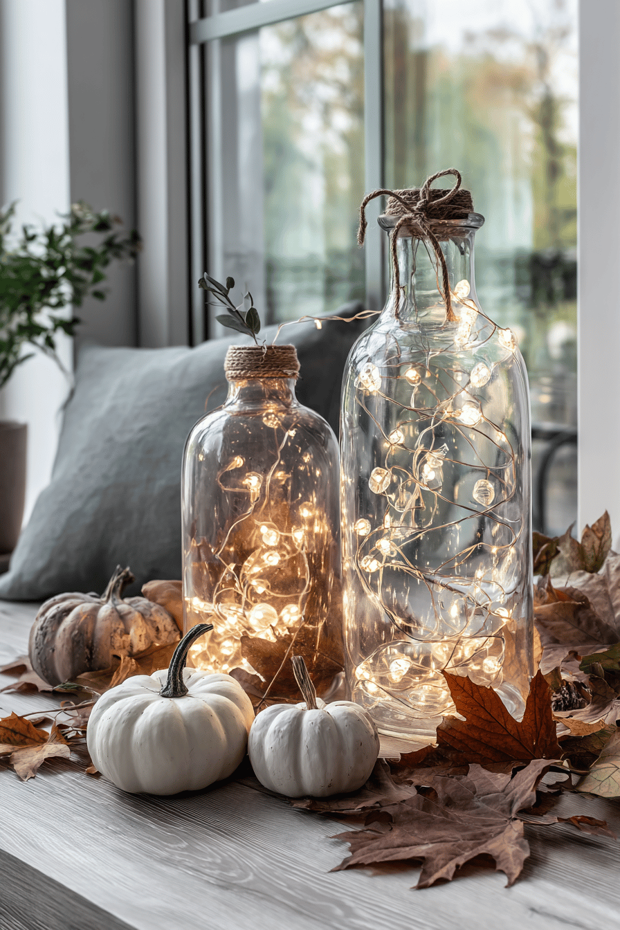 Zwei Glasvasen mit Lichterketten und kleinen Kürbissen, umgeben von Herbstblättern.