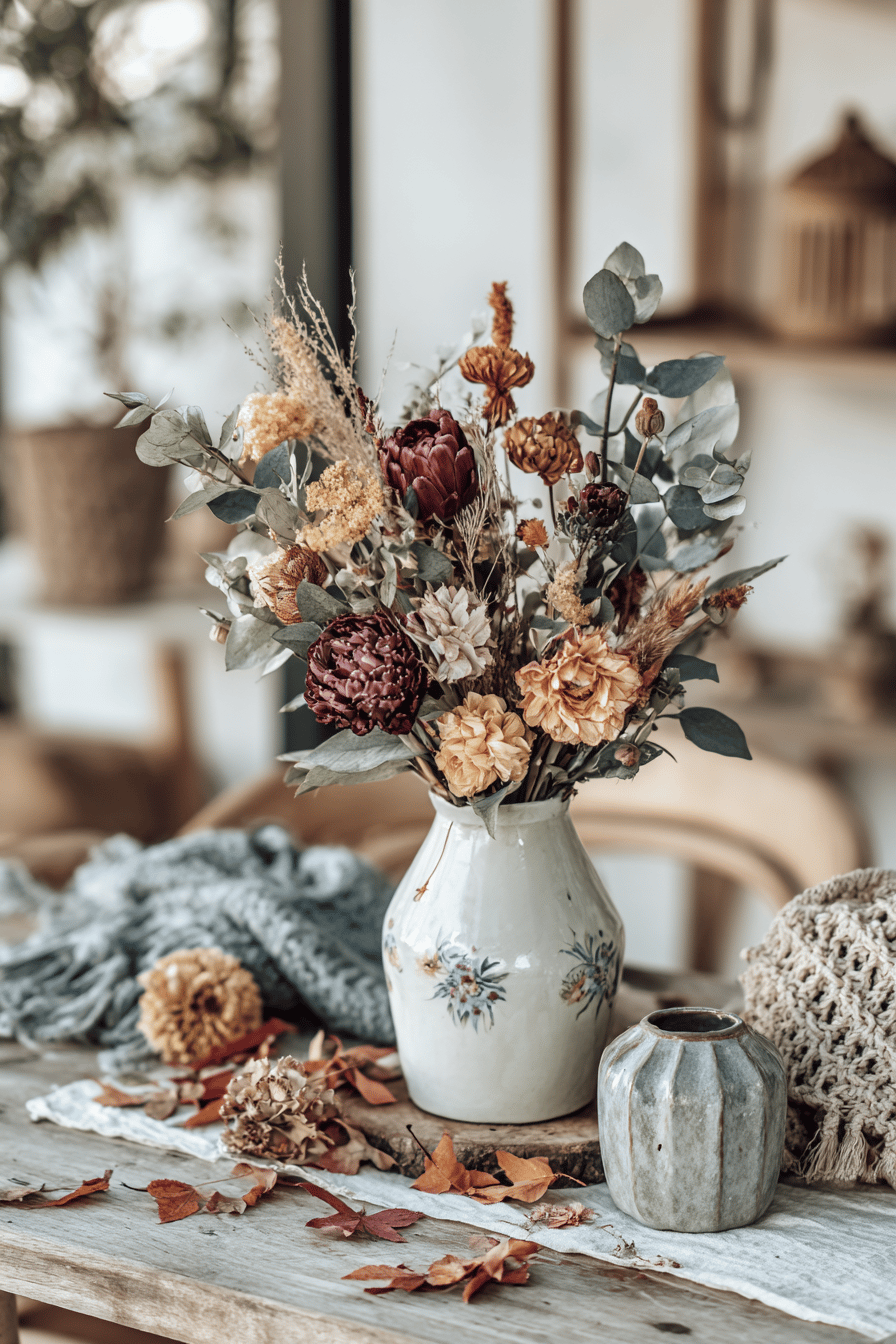 Ein herbstliches Arrangement aus getrockneten Blumen in einer dekorativen Vase.