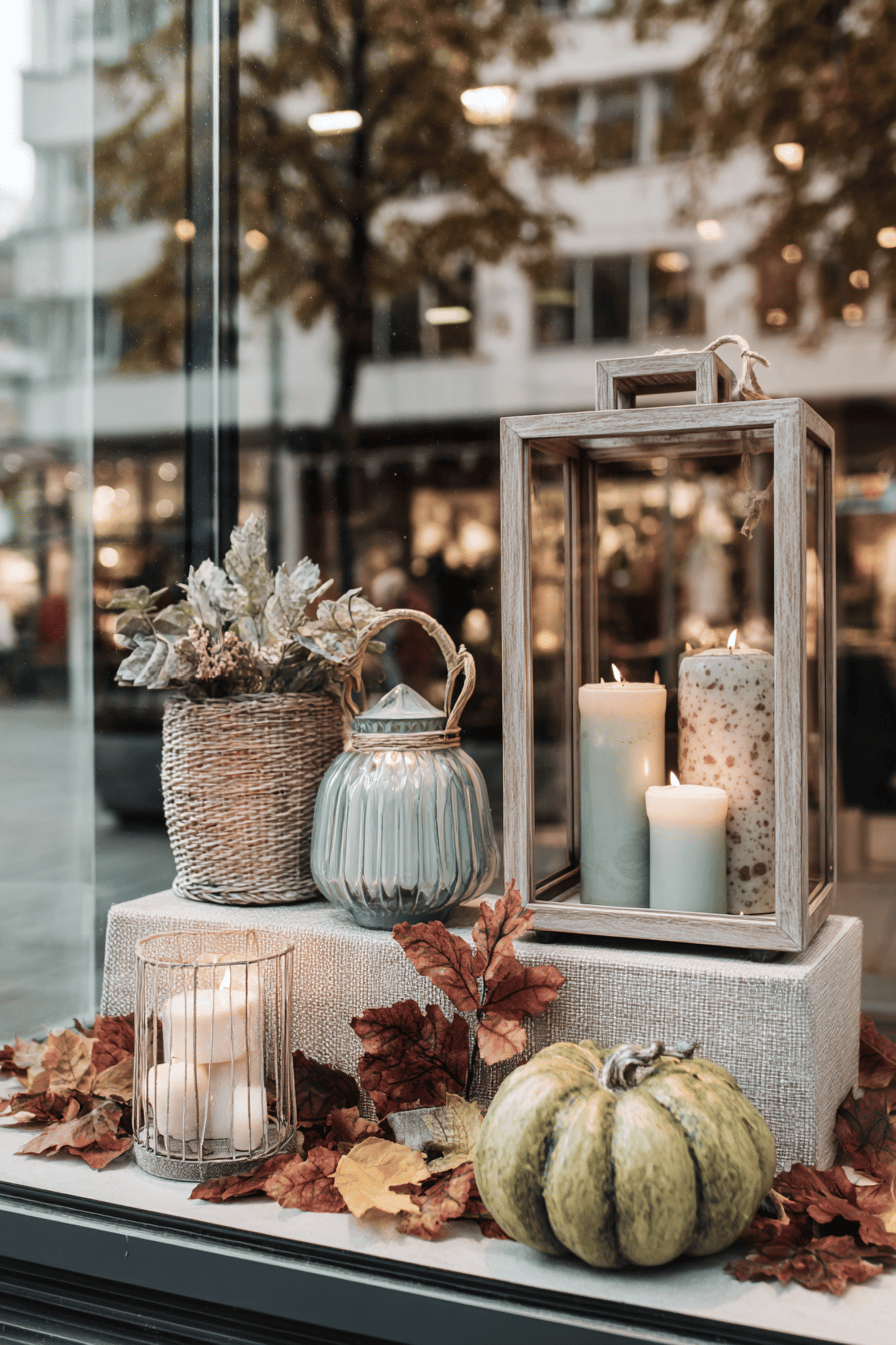 Herbstliche Schaufensterdekoration mit Laternen, Kerzen und Kürbissen.