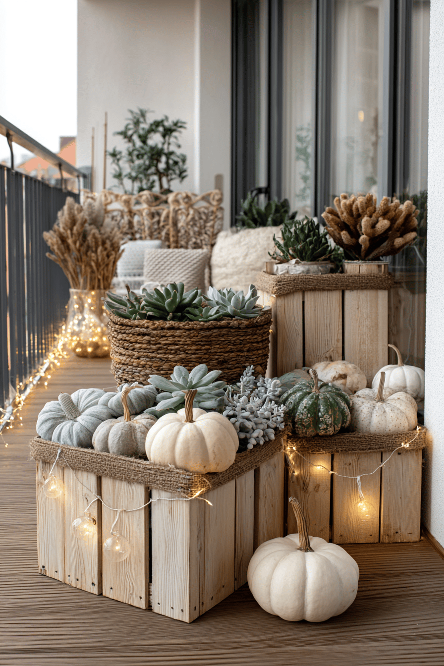 Herbstlich dekorierte Terrasse mit Kürbissen und Holzkisten.