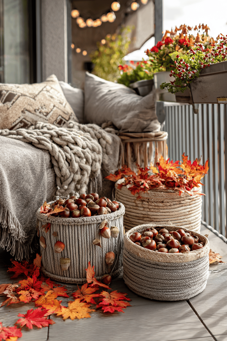 Balkon mit dekorativen Körben voller Kastanien und herbstlichen Blättern.