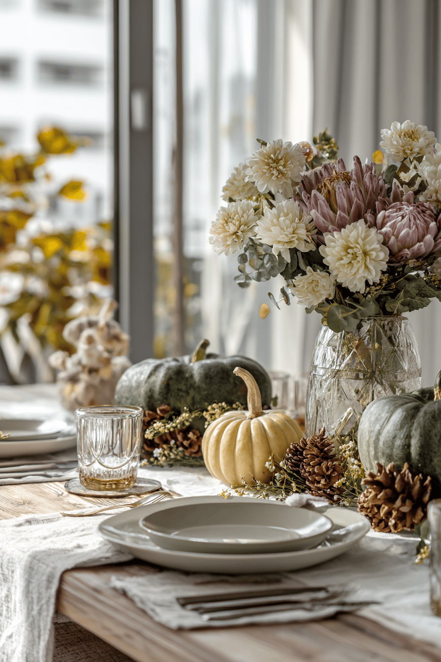 Ein liebevoll gedeckter Tisch mit herbstlichen Blumenarrangements, Kürbissen und Kiefernzapfen.