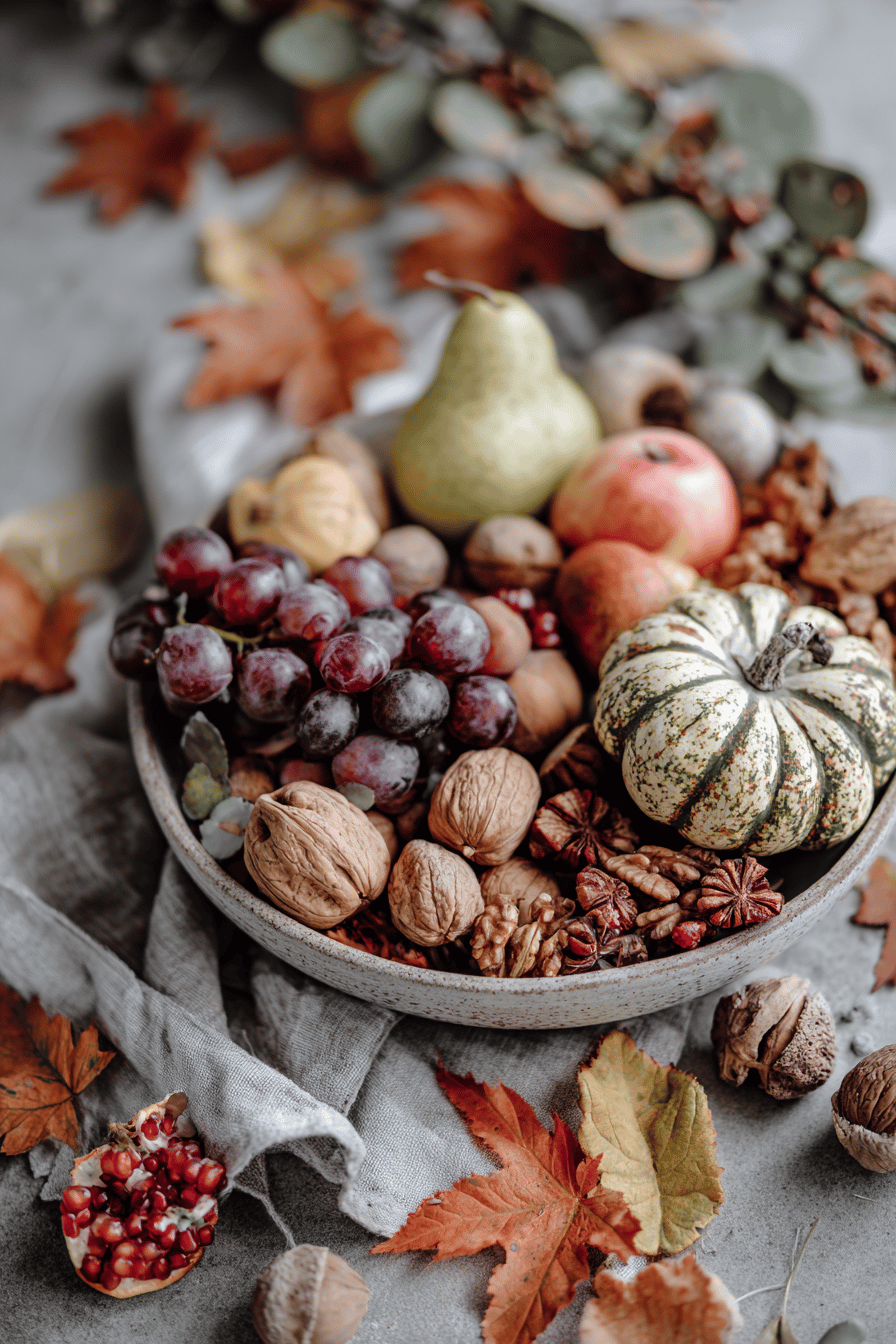 Ein Arrangement aus Früchten und Nüssen auf einem herbstlichen Tisch.