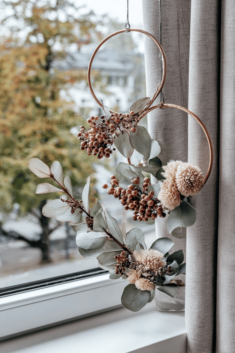 Herbstdekoration mit Metallringen, Trockenblumen und Vogelbeeren auf einer Fensterbank.