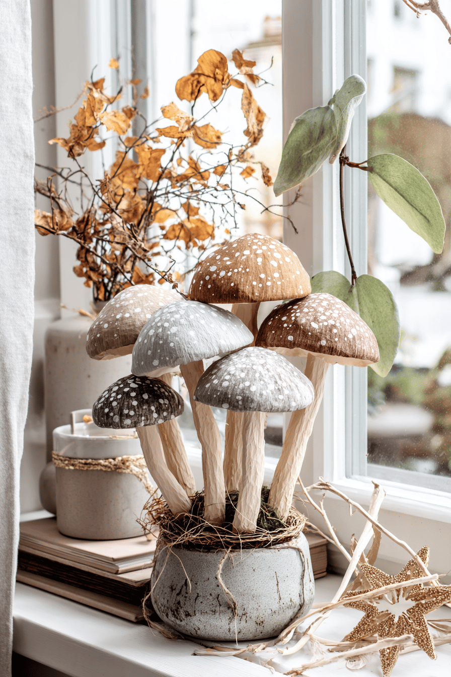 Papierpilze in Naturtönen auf einer herbstlich dekorierten Fensterbank.
