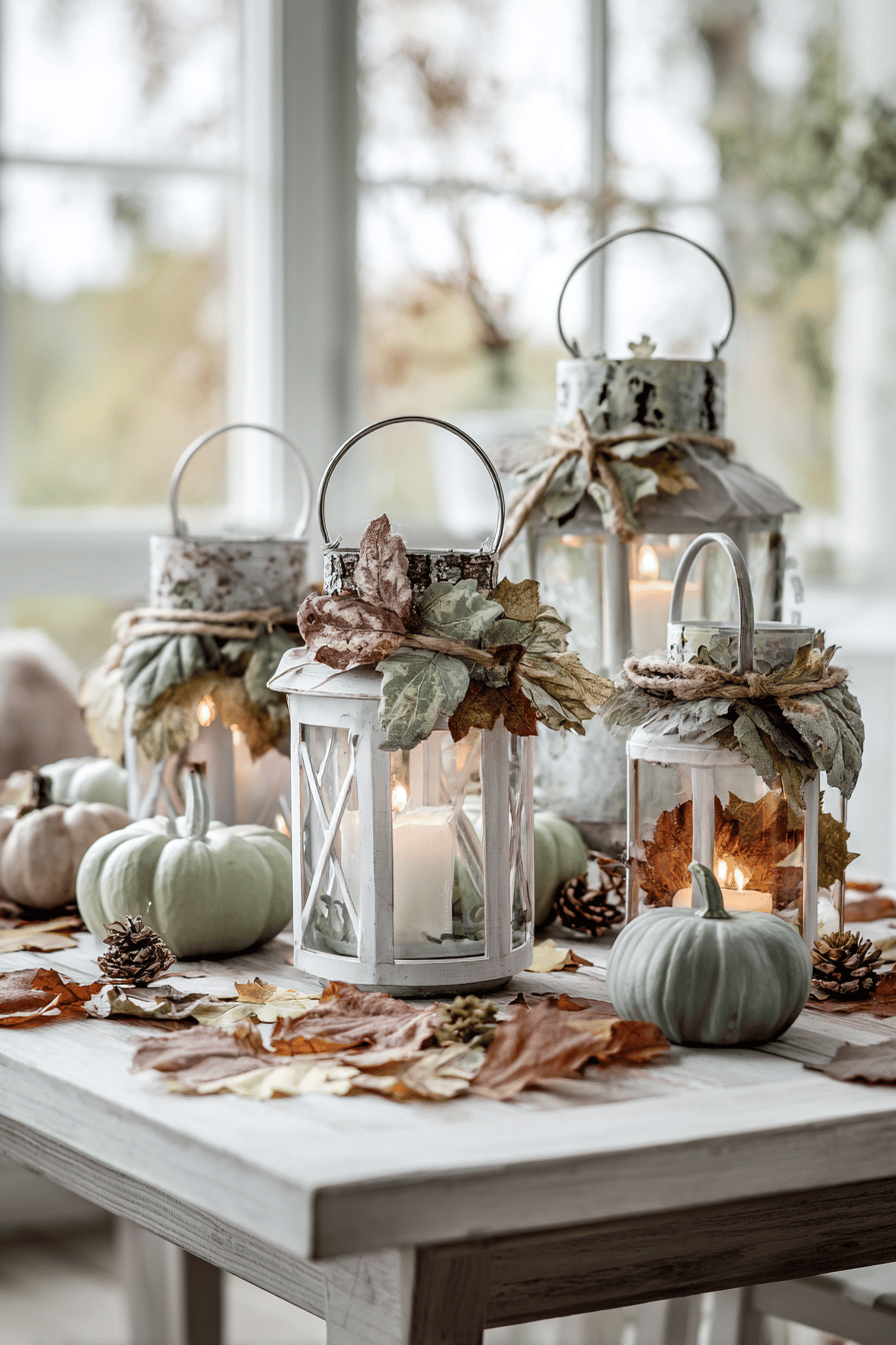 Windlichter dekoriert mit Blättern und Rindenstücken, umgeben von Kürbissen und Kiefernzapfen.