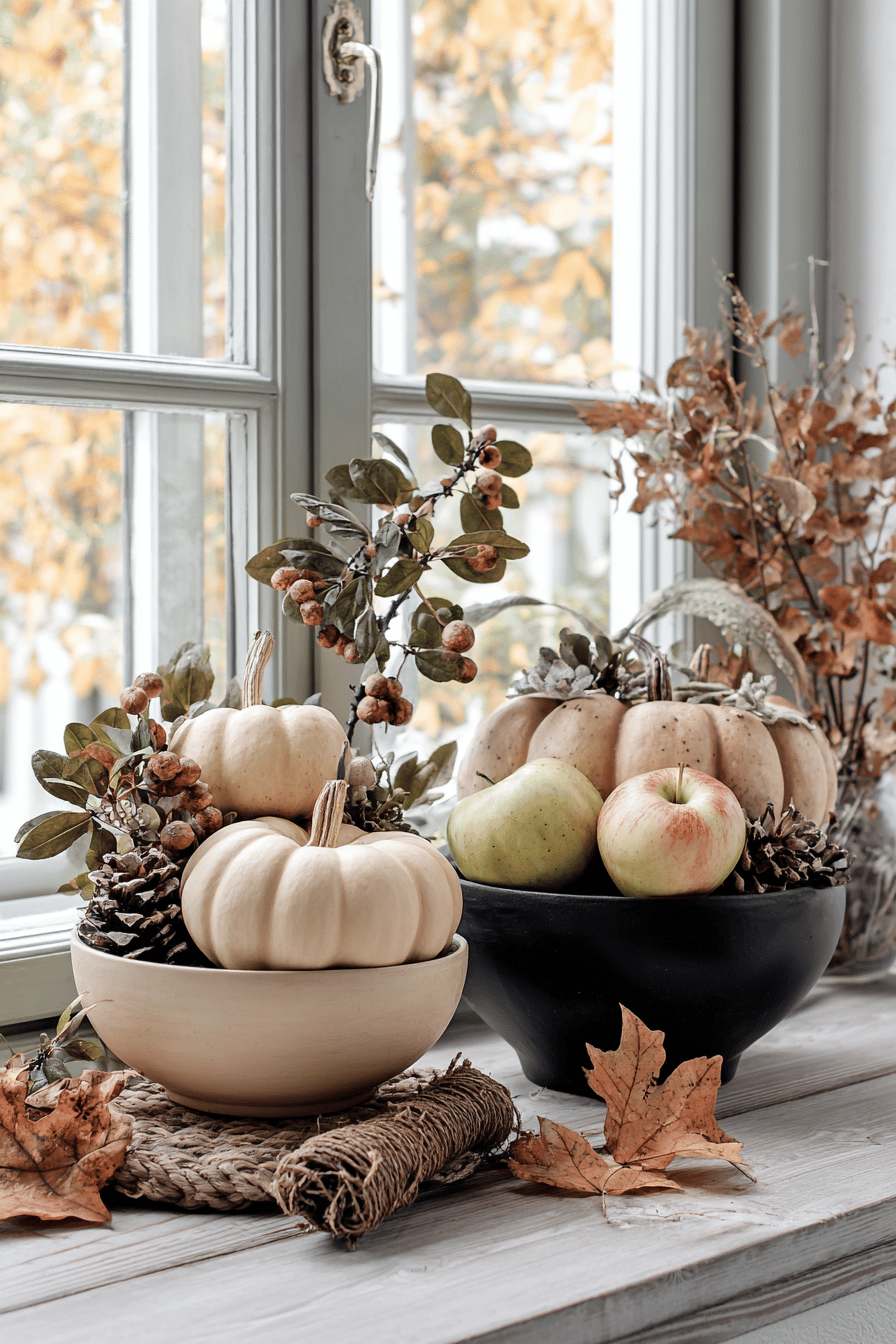 Herbstliche Dekoration auf einer Fensterbank mit kleinen Kürbissen, Zieräpfeln und Blättern in Schalen.