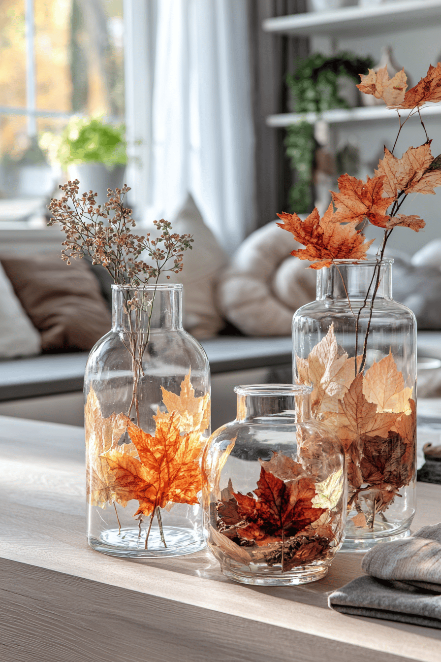 Glasvasen gefüllt mit bunten Herbstblättern auf einem Tisch.