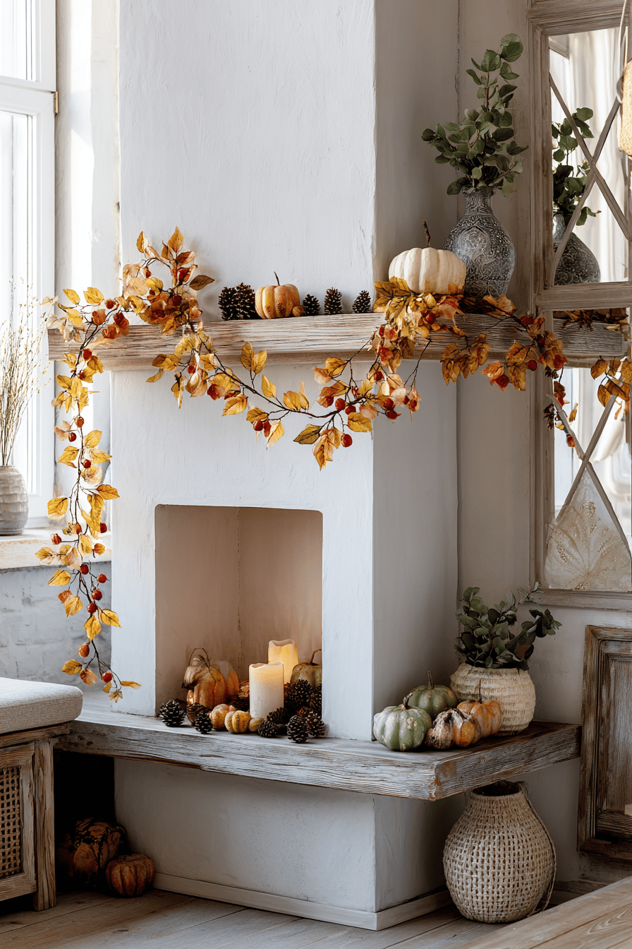 Ein gemütlich dekorierter Kaminsims mit Herbstgirlanden, Kürbissen und Kerzen.
