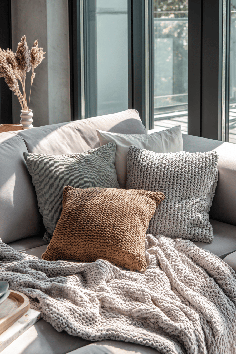 Ein gemütliches Sofa mit modernen, herbstlichen Kissen und einer Decke in neutralen Tönen.