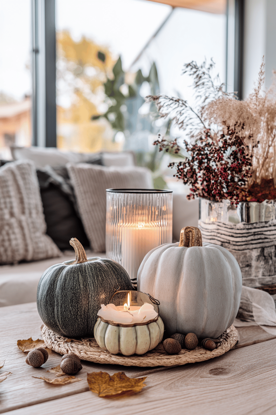 Zwei dekorative Kürbisse mit einem Windlicht und herbstlichen Accessoires auf einem Tisch.