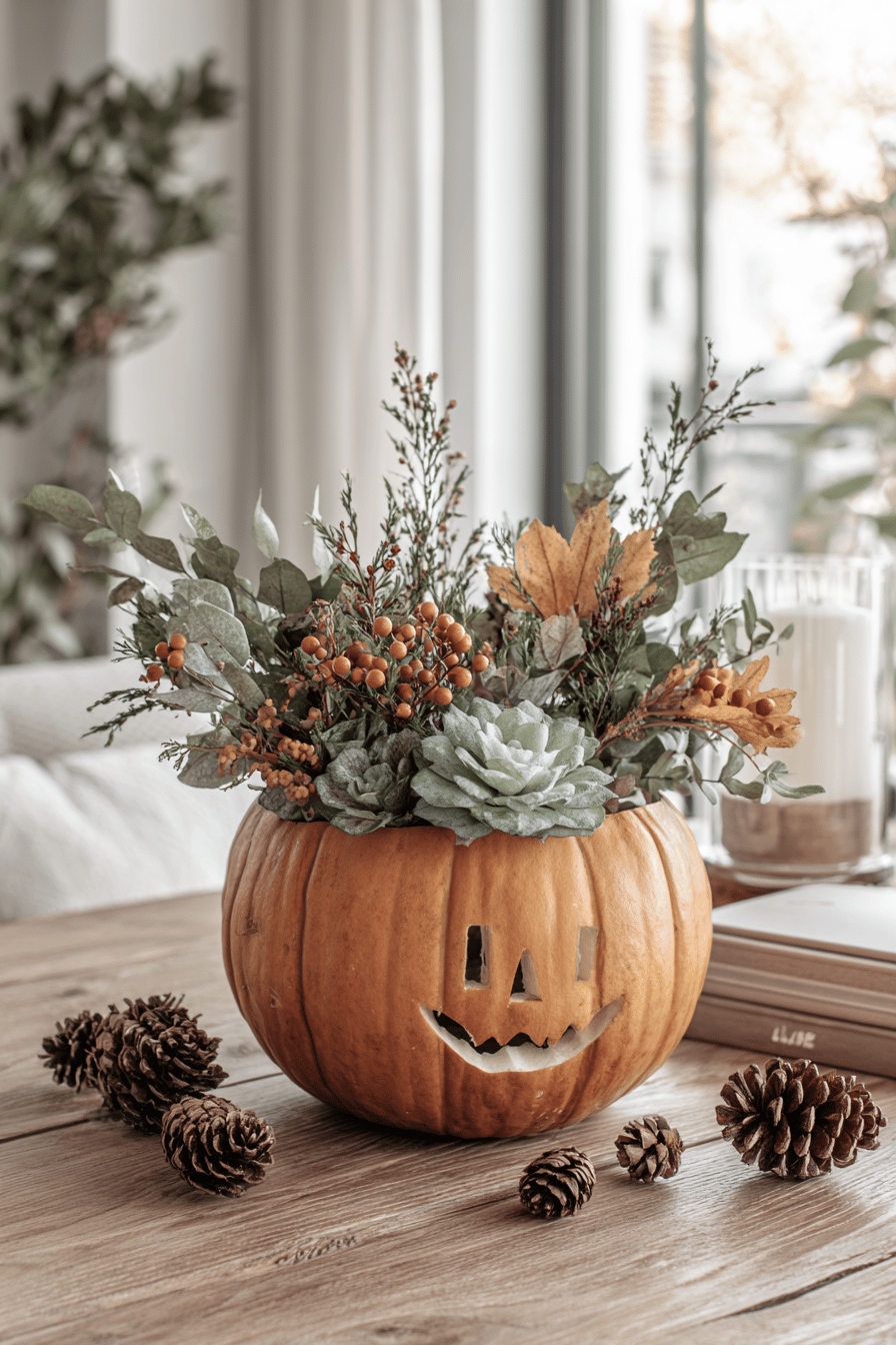 Ein Kürbis dient als Vase, gefüllt mit herbstlichen Pflanzen und Zweigen auf einem Holztisch.