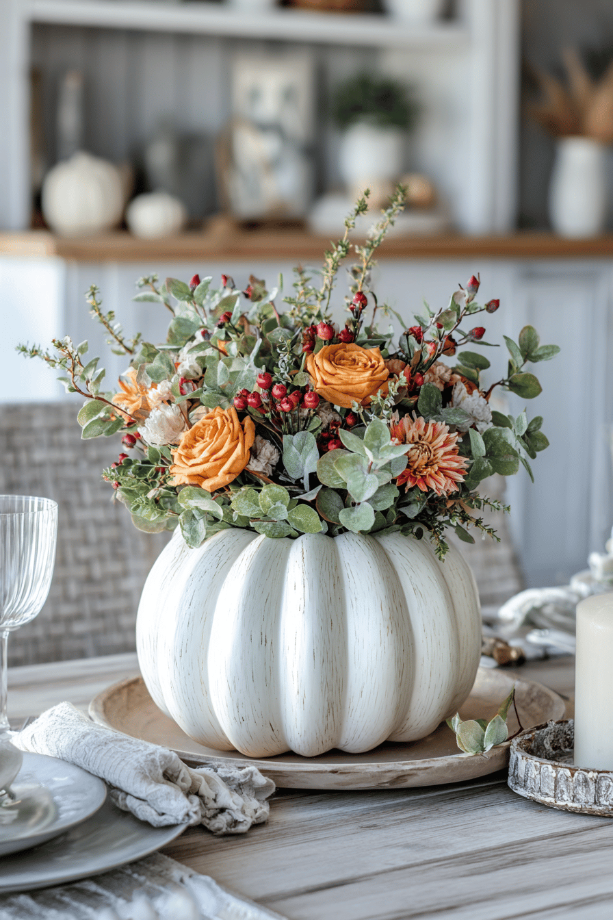 Ein weißer Kürbis mit herbstlichem Blumenarrangement als Tischdekoration.
