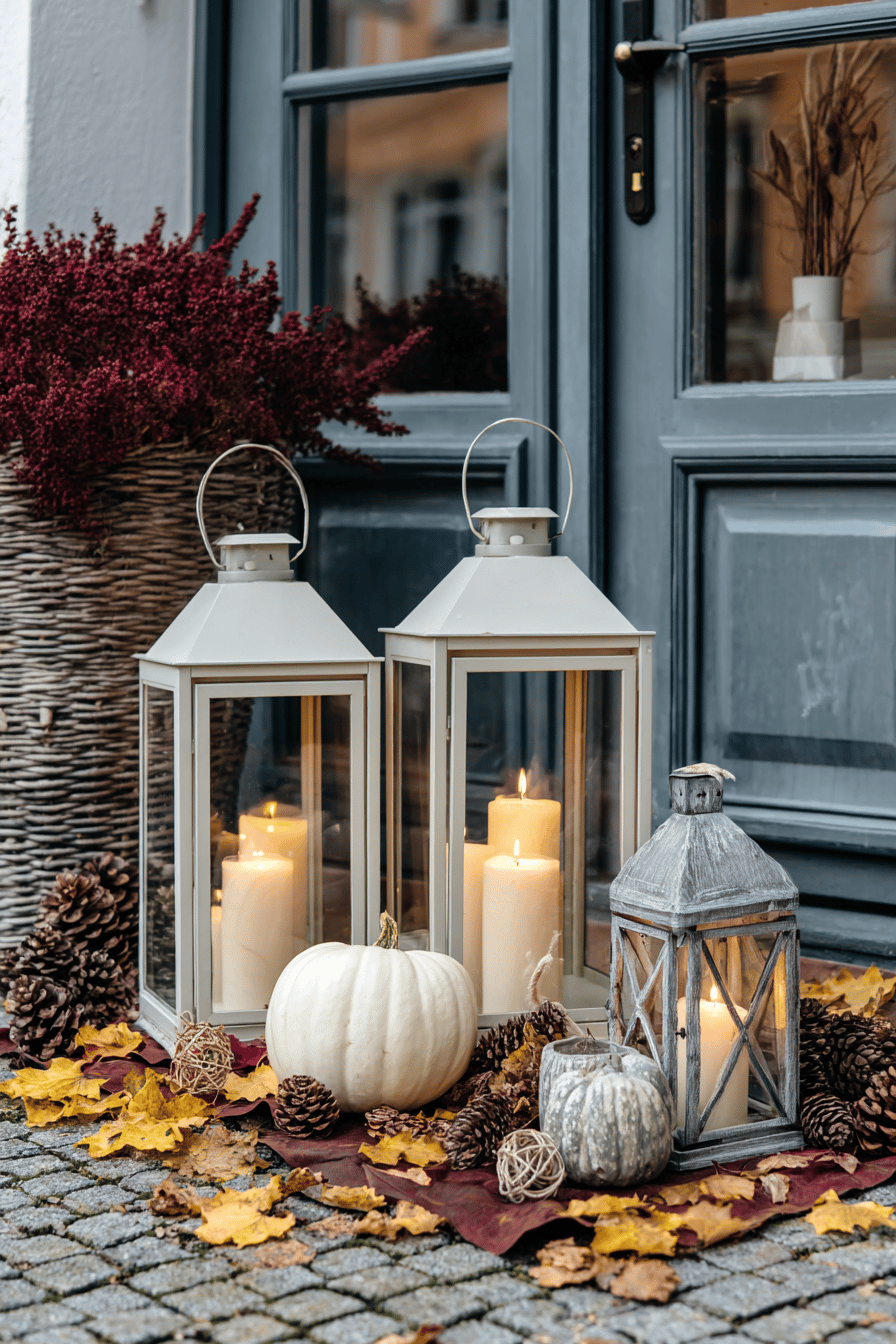 Herbstliches Arrangement aus Laternen, Kürbissen und Laub vor einer Haustür.