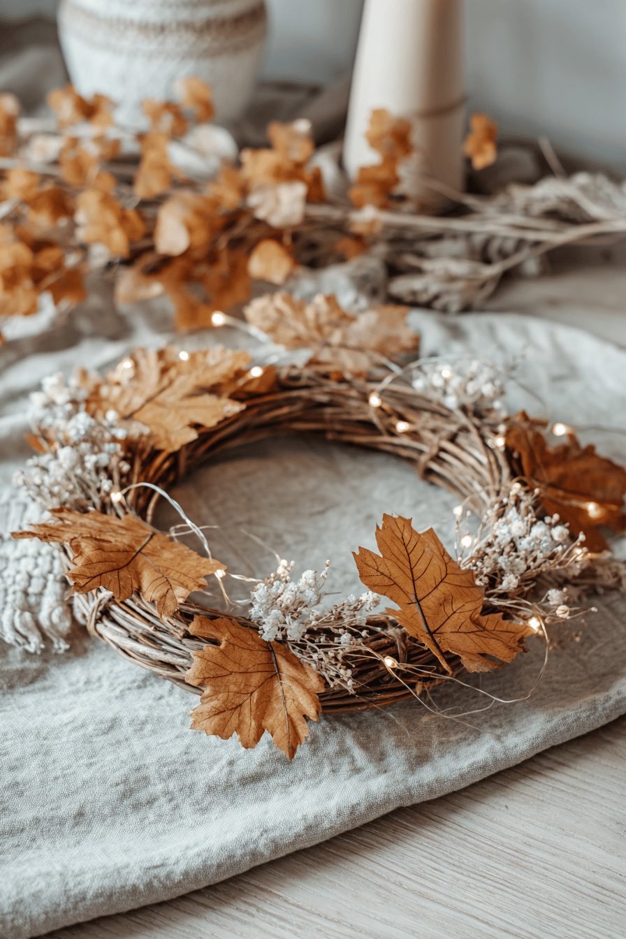 Ein herbstlicher Kranz mit Lichterkette, dekoriert mit getrockneten Blättern auf einem Tisch.