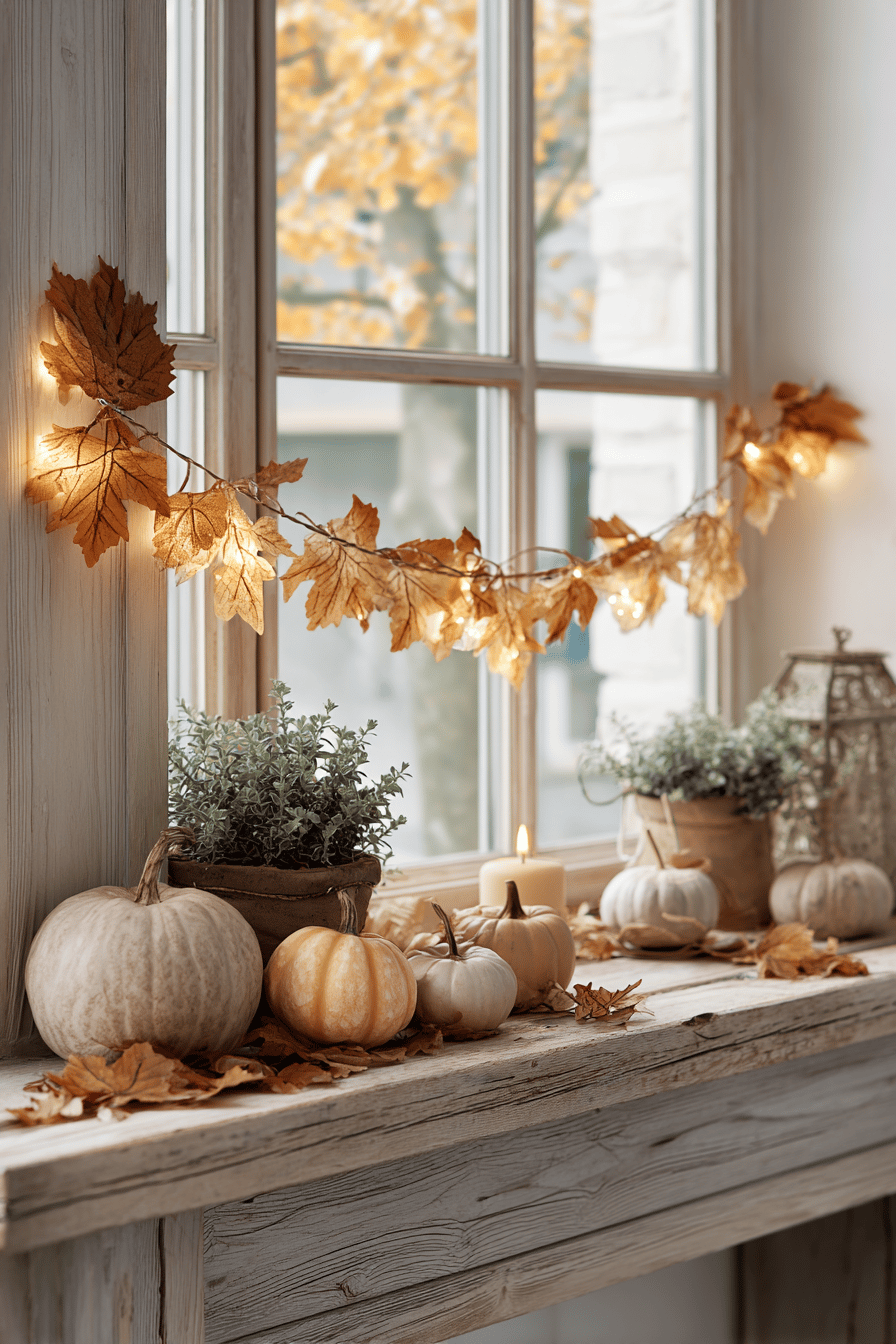 Eine herbstliche Fensterbank, dekoriert mit einer Lichterkette aus gewachsten Blättern und Kürbissen.