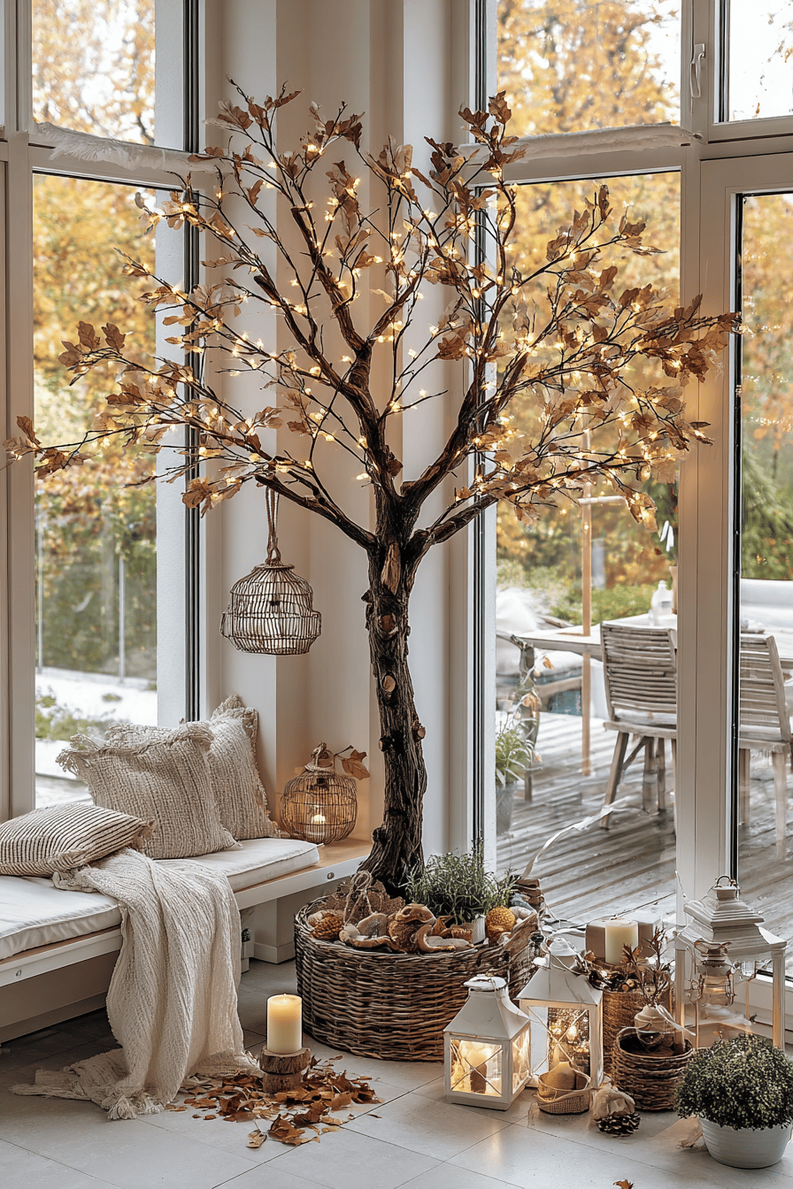 Ein geschmackvoll dekorierter Innenraum mit einem beleuchteten Baum, Kissen und Laternen im herbstlichen Stil.