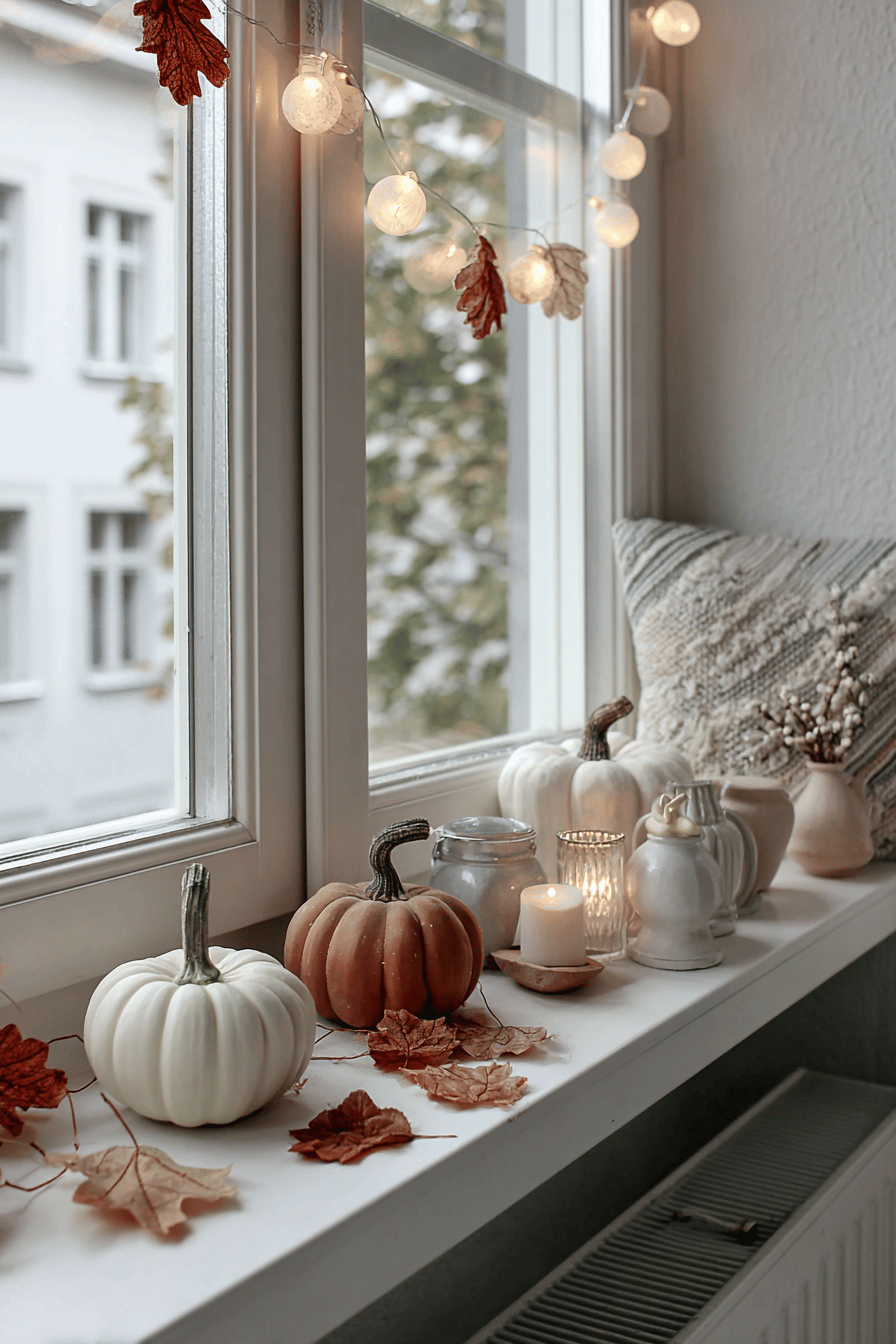 Eine Fensterbank dekoriert mit Lichterketten, Kürbissen und Herbstlaub.