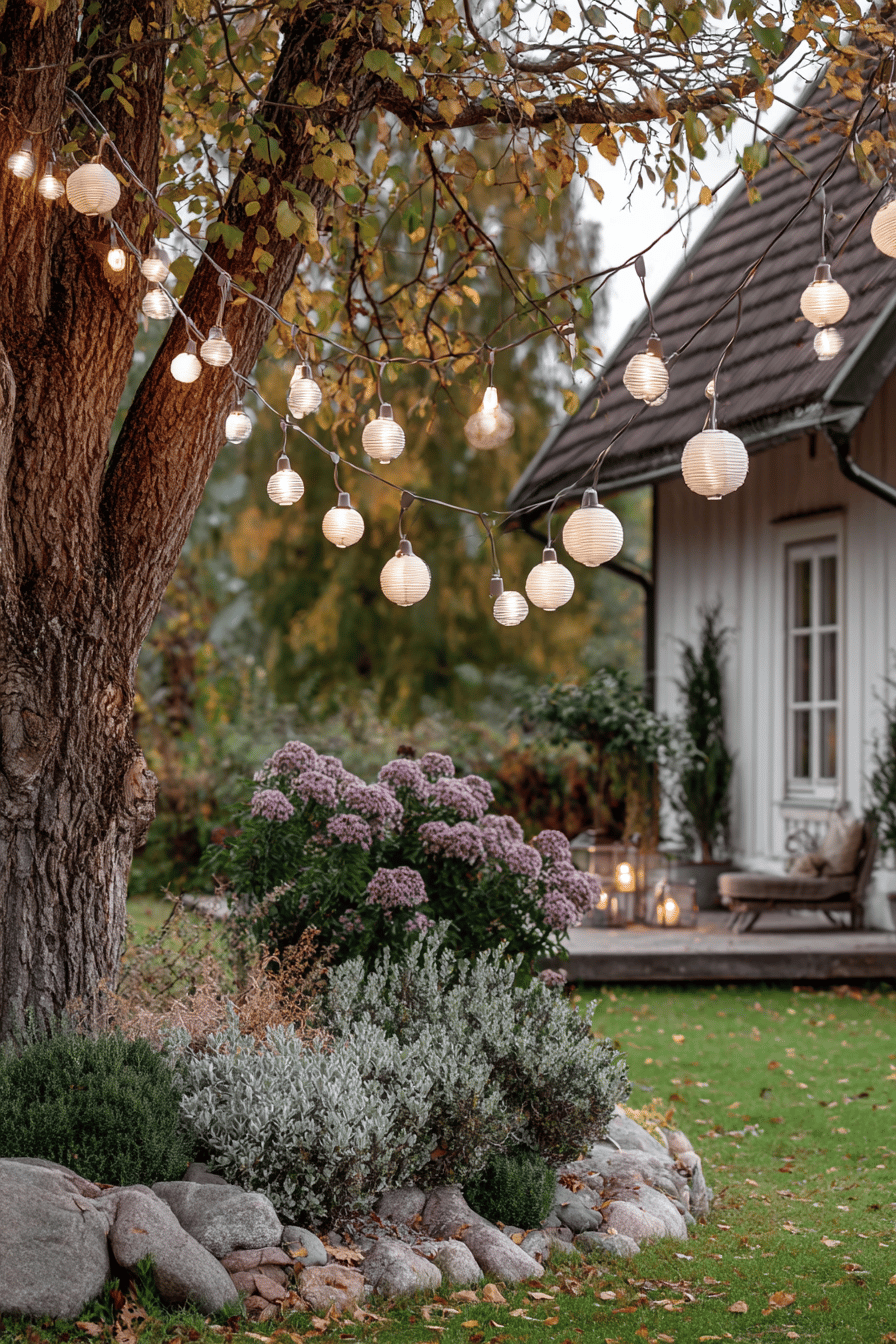 Herbstliche Lichterketten hängen an einem Baum neben einem gemütlichen Haus.