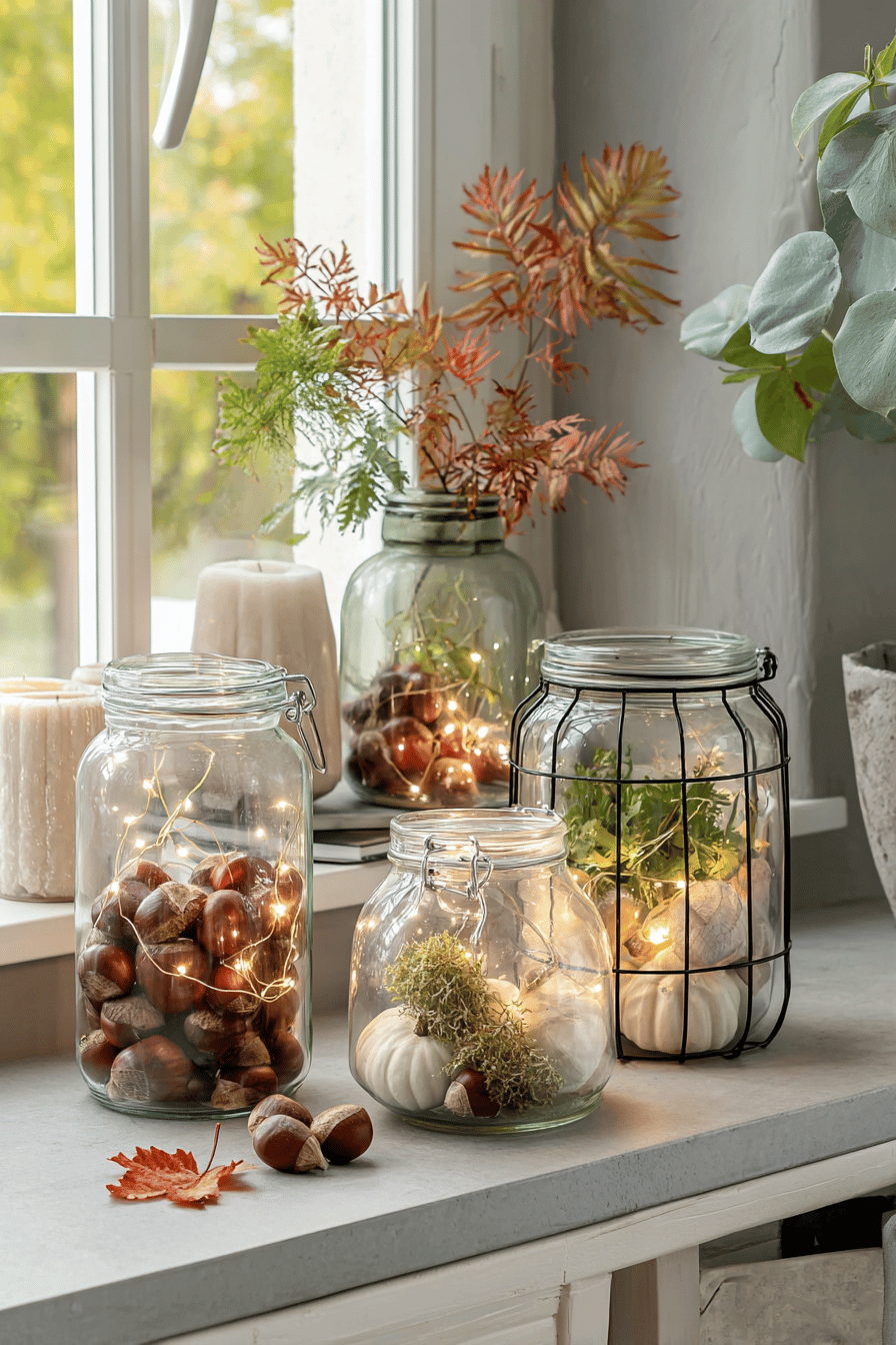 Leuchtende Dekogläser mit Kastanien und Herbstblättern auf einer Fensterbank.