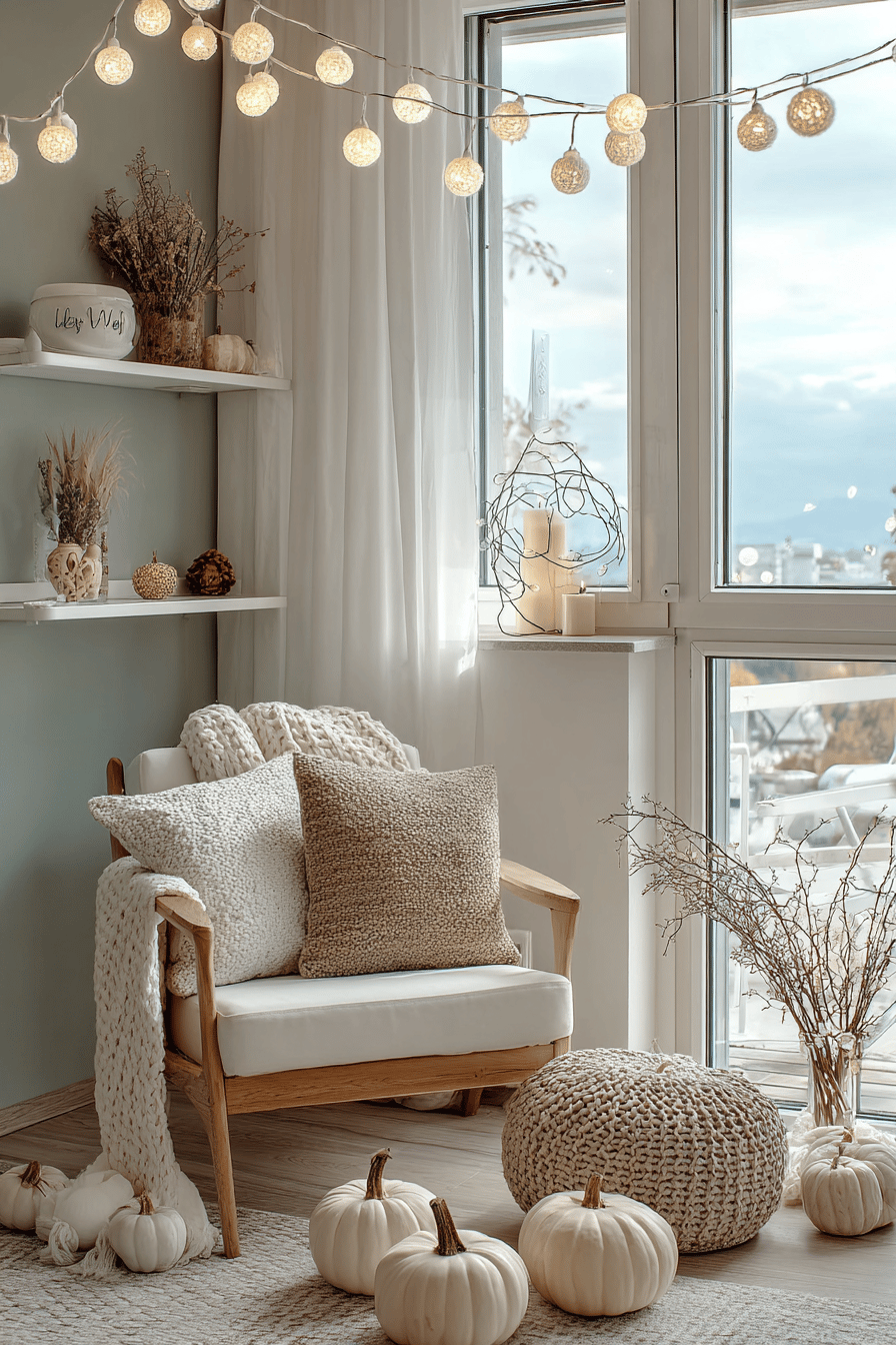 Gemütlich eingerichteter Raum mit Lichterkette, Kürbissen und Kissen.