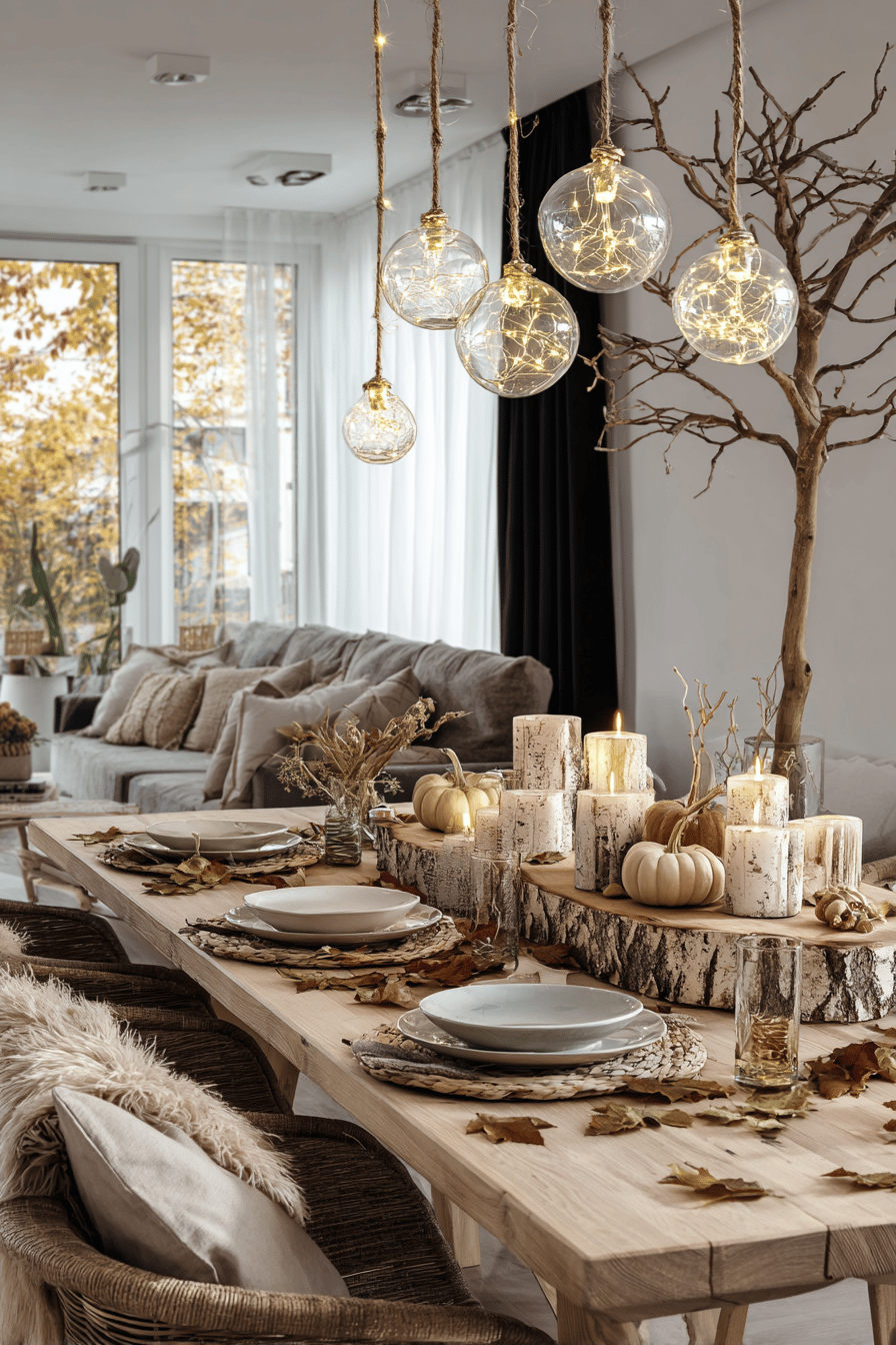 Ein stilvoll dekorierter Tisch mit herbstlichen Elementen wie Lichterketten, Rinde und Kürbissen.