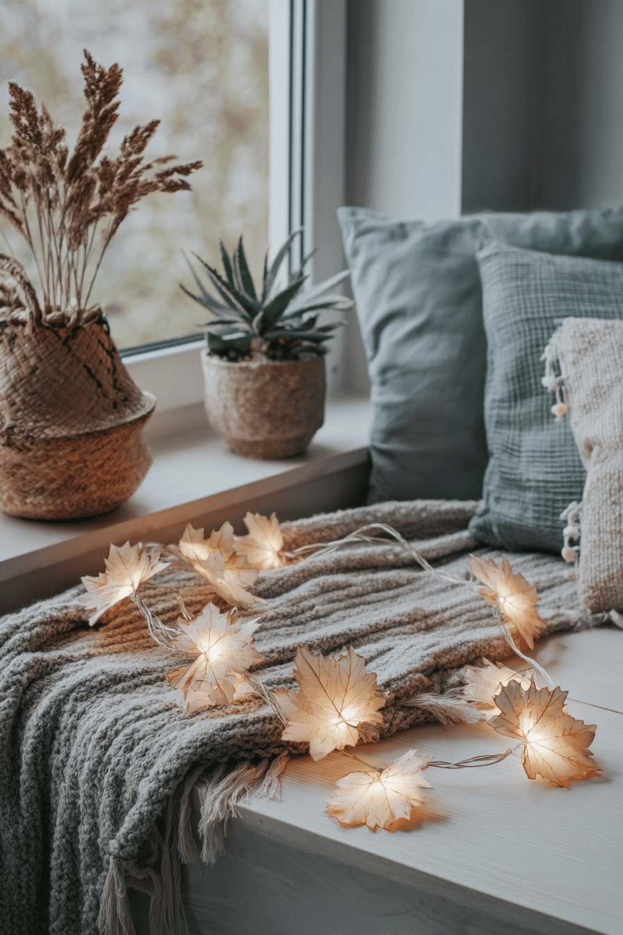 Gemütliche herbstliche Lichterkette mit goldenen Papierblättern auf einem Fensterbrett.