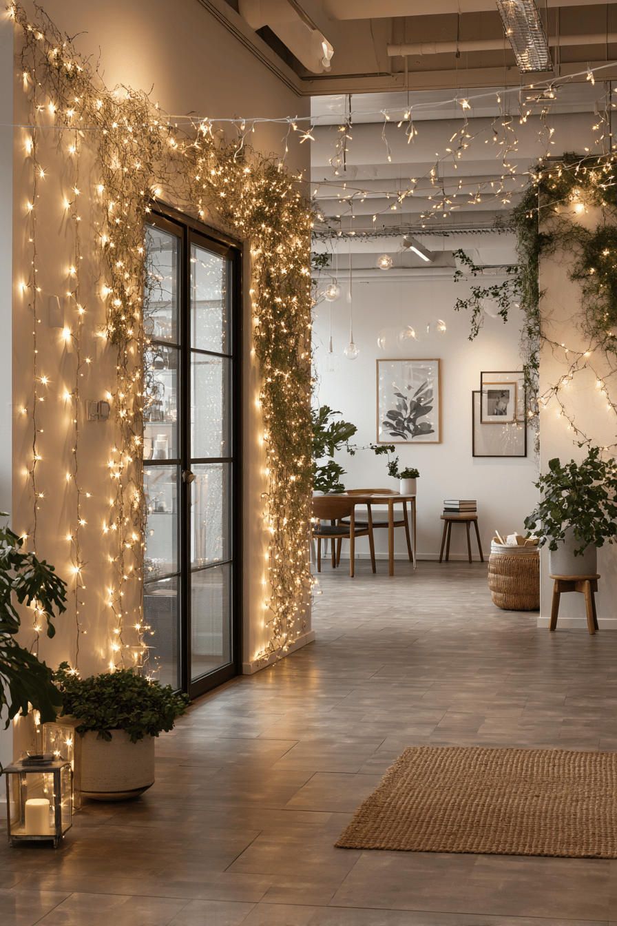 Eingangsbereich mit warm leuchtenden Lichterketten und grüner Dekoration.