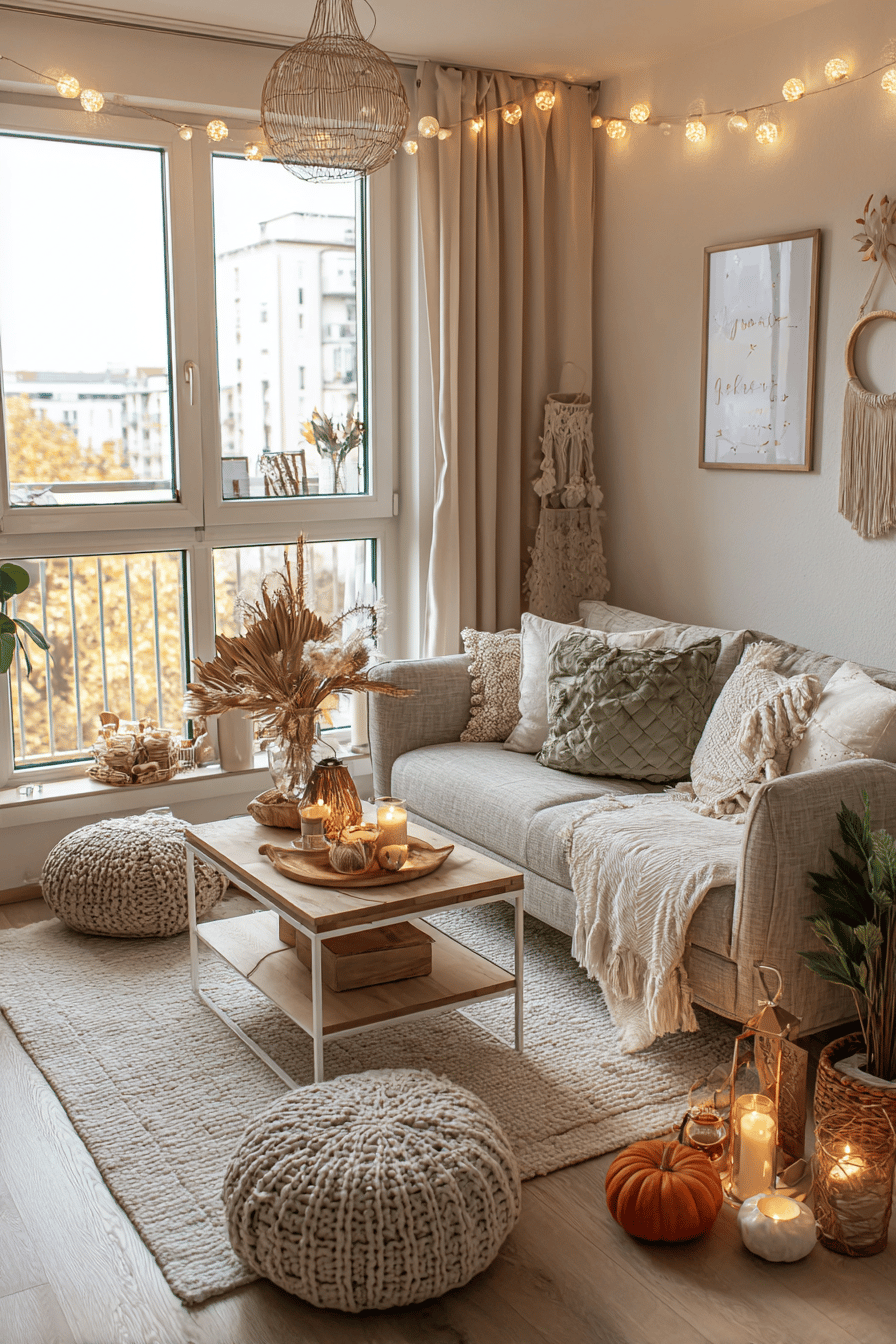 Ein gemütlich dekoriertes Wohnzimmer mit herbstlichen Lichterketten und Kerzen.