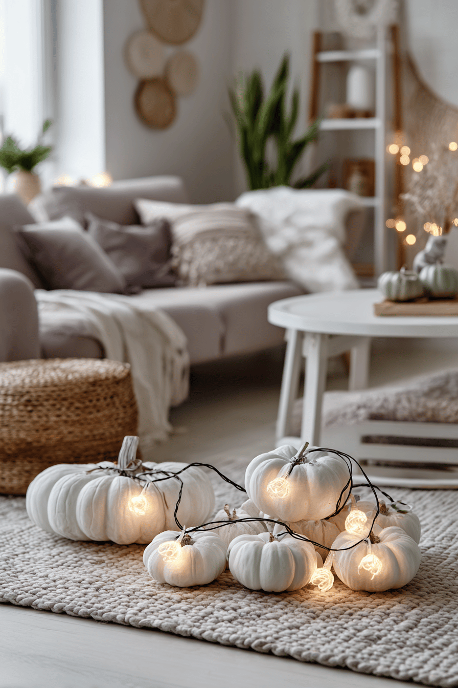Weiße Kürbisse mit Lichterkette auf einem Teppich in einem gemütlichen Wohnzimmer.
