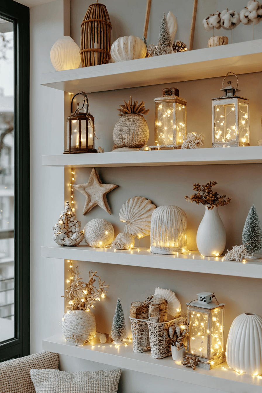 Regale dekoriert mit warmen Lichtern und herbstlichen Elementen.