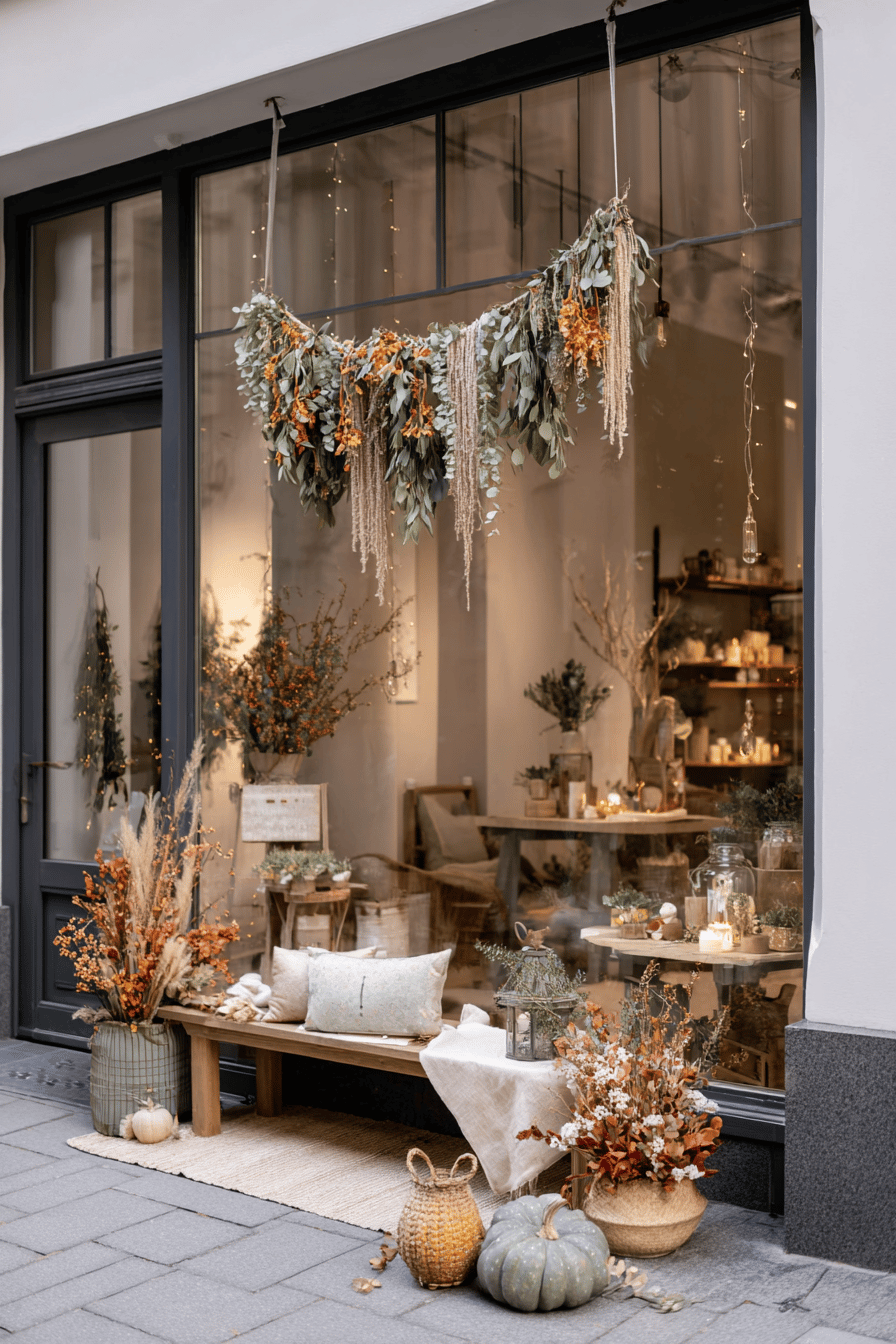 Herbstliche Schaufensterdekoration mit Girlanden, Kürbissen und Pflanzen.
