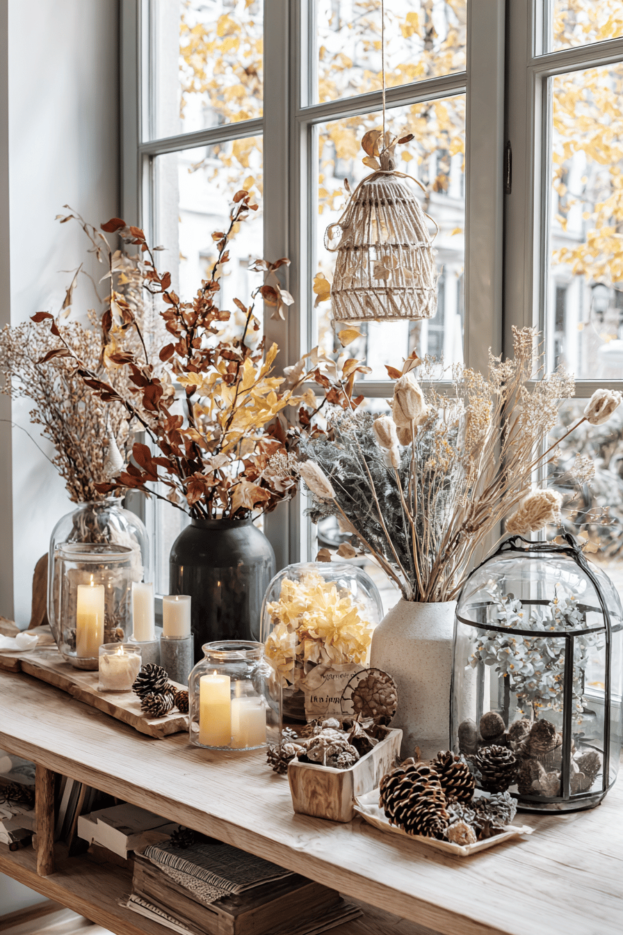 Ein Schaufenster mit herbstlicher Dekoration aus Naturmaterialien wie Zweigen, Kerzen und Tannenzapfen.