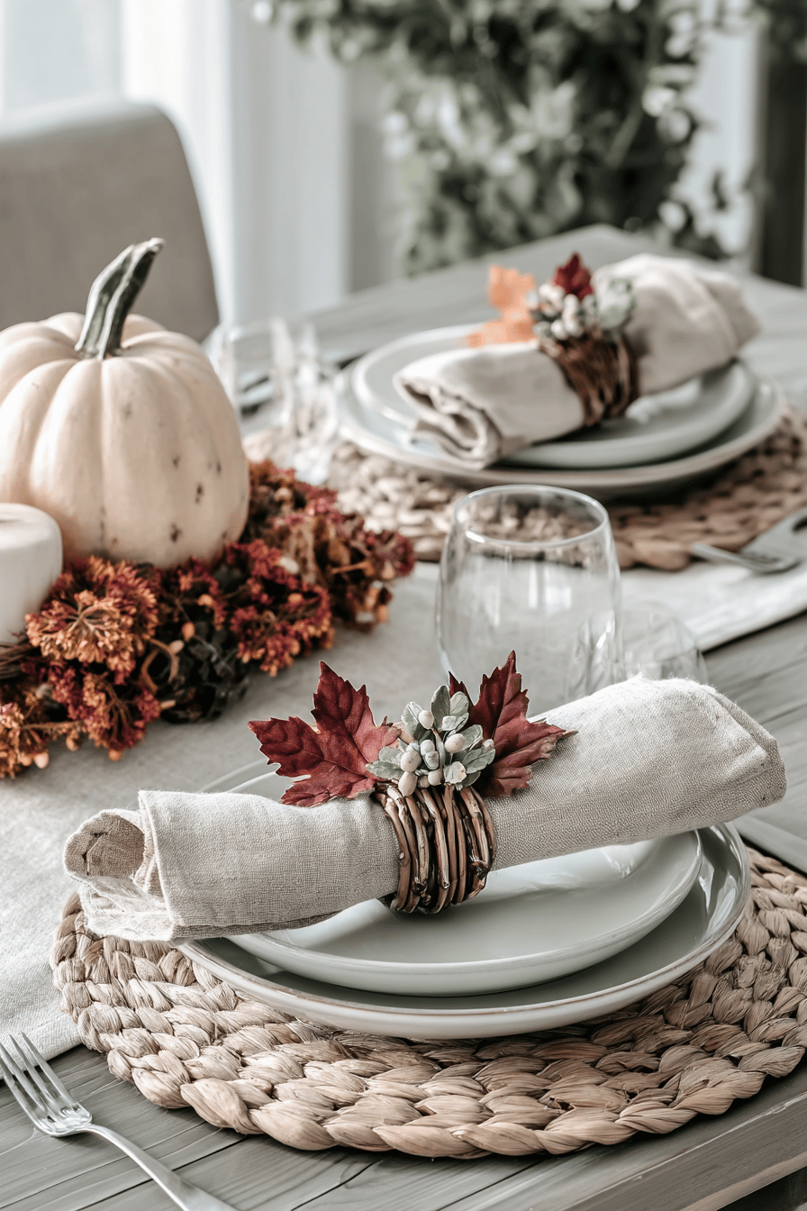 Ein Tisch gedeckt mit herbstlichen Serviettenringen aus Zweigen, geschmückt mit roten Blättern und Beeren.