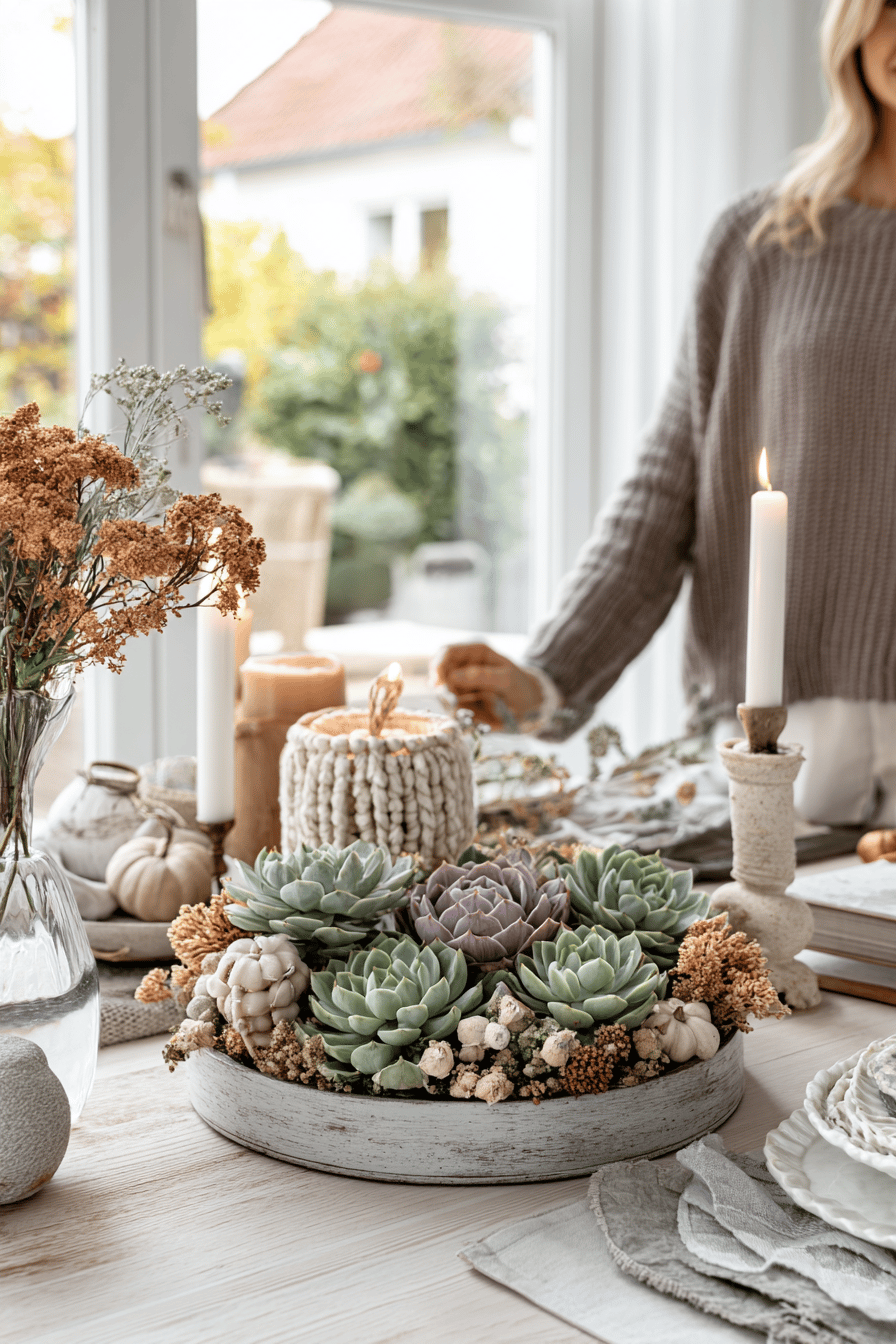 Ein herbstlicher Tisch mit einer dekorativen Schale voller Sukkulenten und getrockneten Blumen.