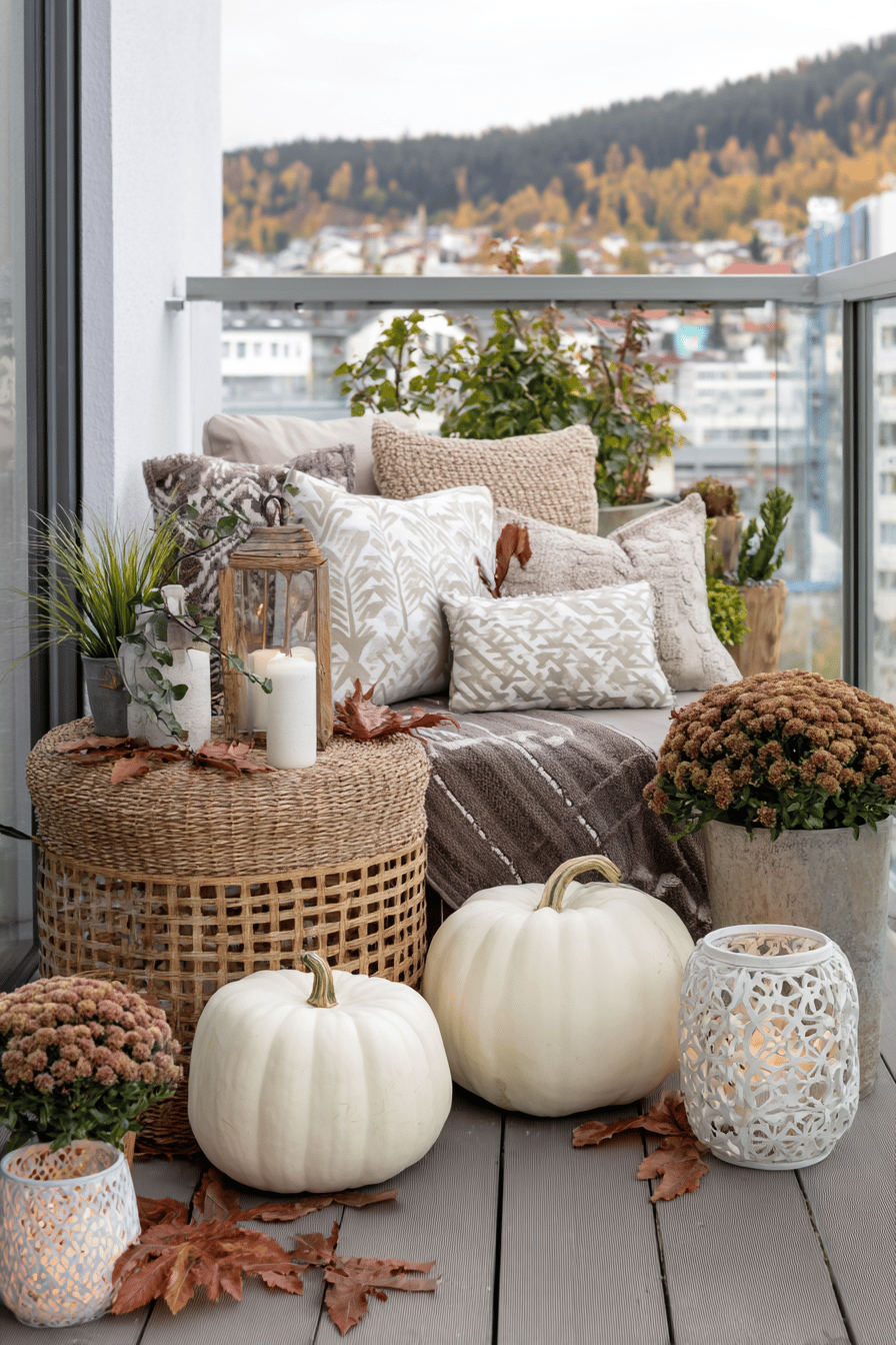 Herbstlich dekorierte Terrasse mit Kürbissen, Laternen und Pflanzen.
