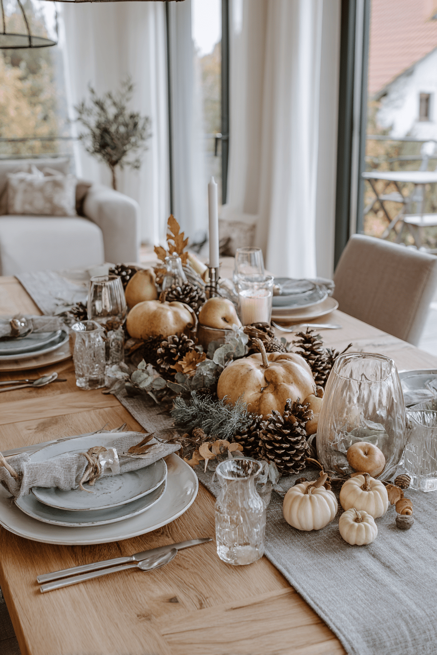 Ein herbstlich dekorierter Tisch mit Äpfeln, Tannenzapfen, Kürbissen und Kerzen.