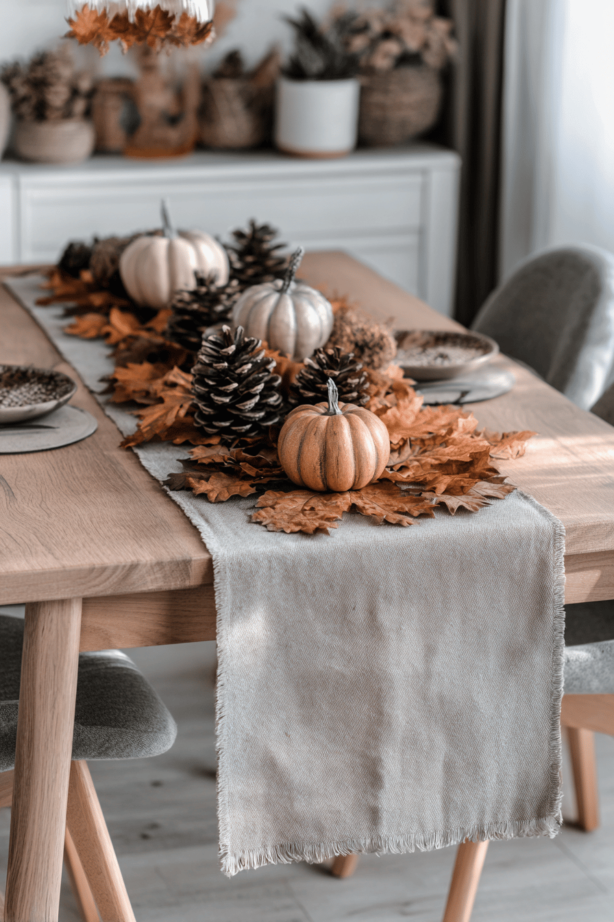 Tischläufer mit Kürbissen, Zapfen und Herbstblättern auf einem Holztisch.