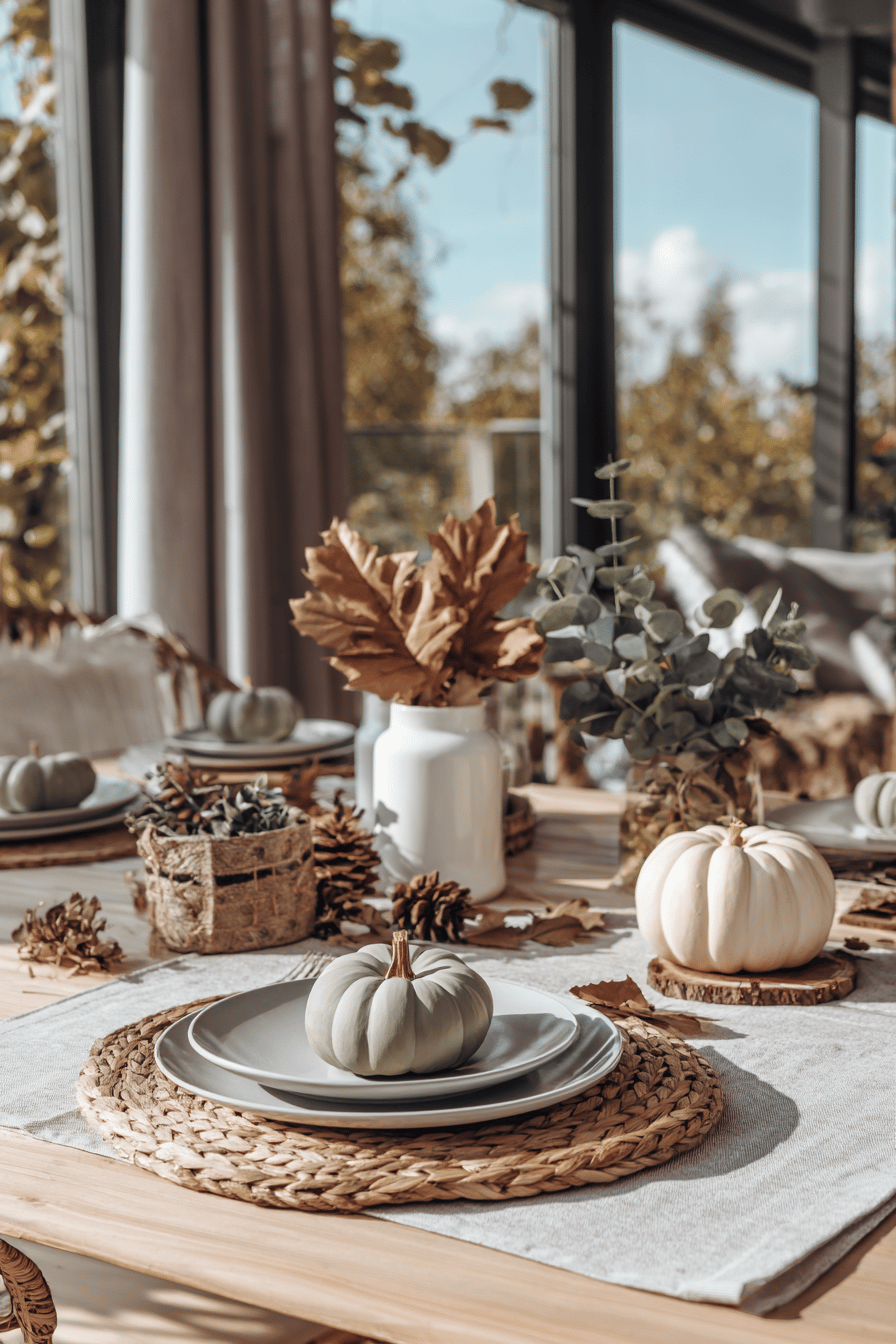 Ein herbstlich dekorierter Tisch mit kleinen Kürbissen und Naturmaterialien in Erdtönen.
