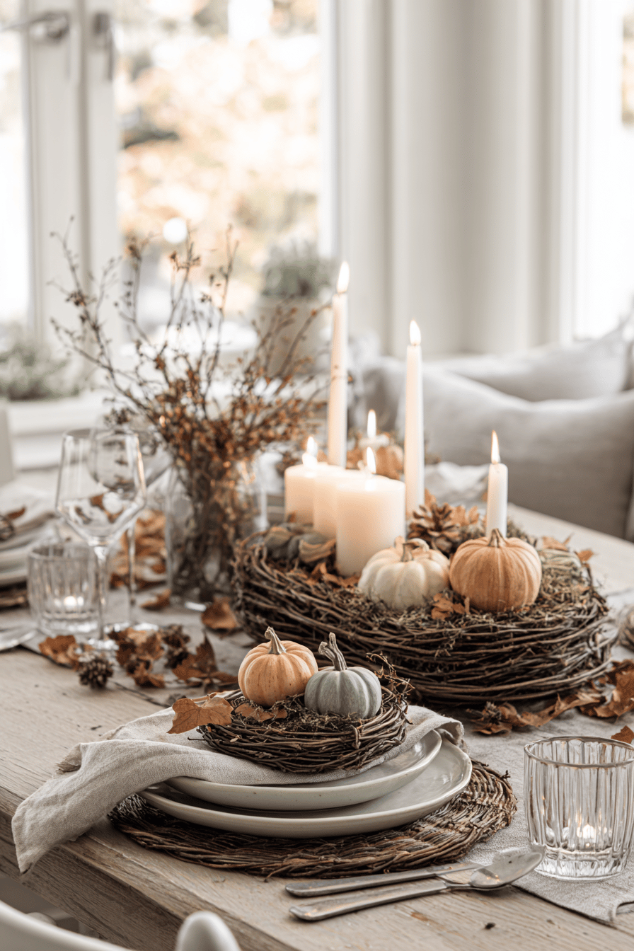 Ein herbstlich dekorierter Tisch mit Heu, kleinen Kürbissen und Kerzen.
