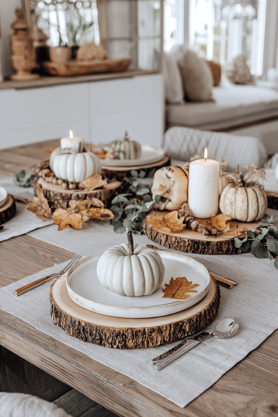 Tischdeko mit Holzscheiben, weißen Kürbissen und Herbstblättern.