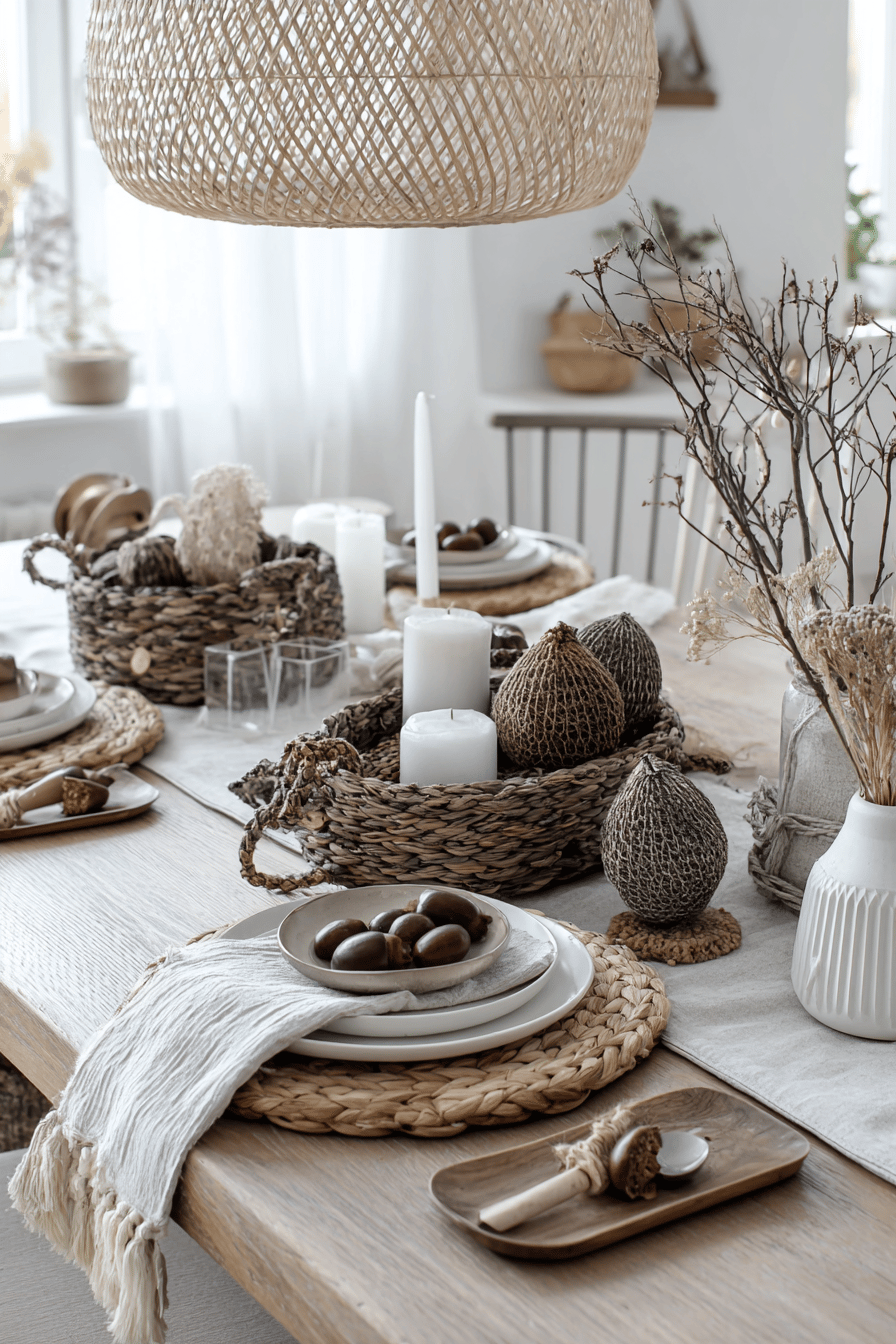 Ein herbstlich gedeckter Tisch mit Kastanien, Eicheln und weißen Kerzen in rustikalen Körben.