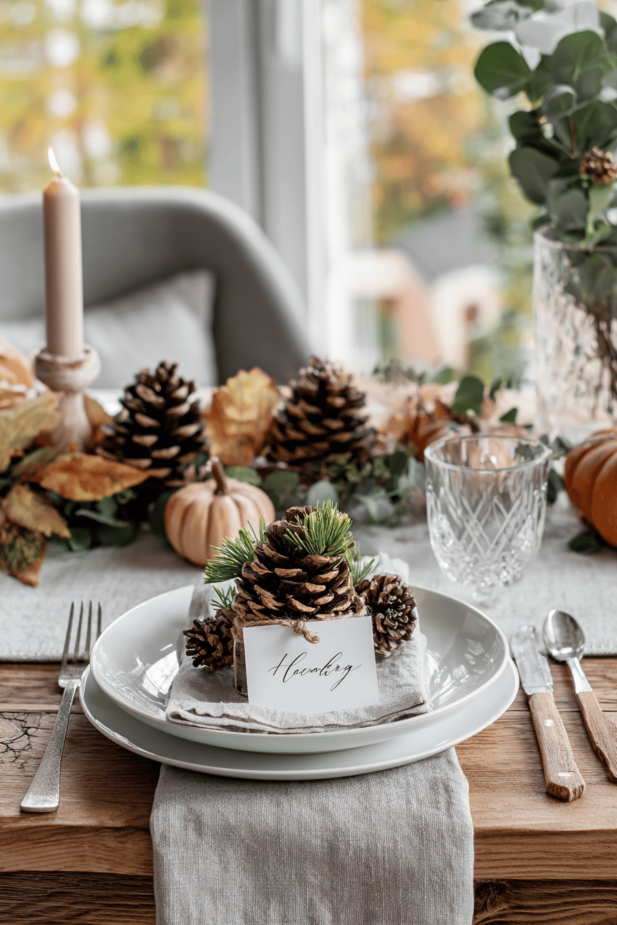 Ein gedeckter Tisch mit Kiefernzapfen und Herbstlaub als Dekoration.