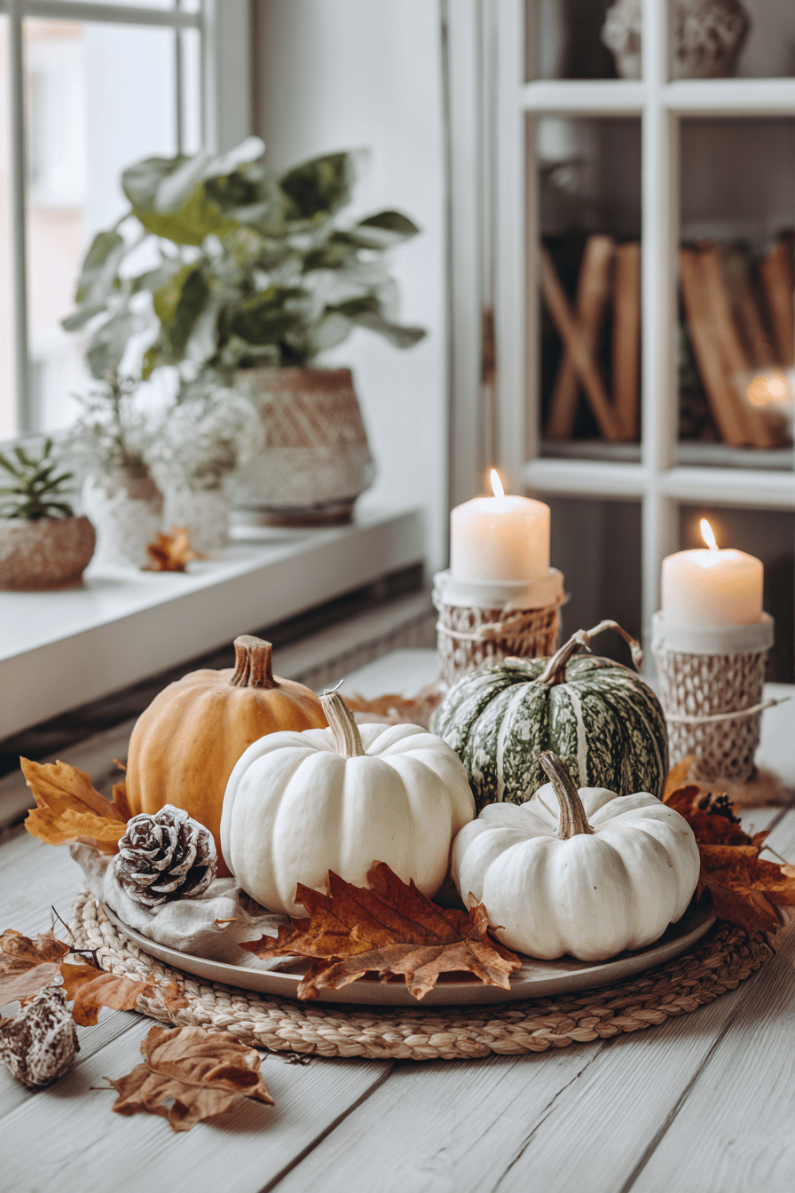 Verschiedene Kürbisse und Kerzen als Herbstdekoration auf einem Tisch.