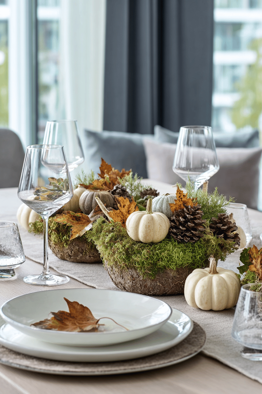 Ein herbstlich dekorierter Tisch mit Moos, kleinen Kürbissen und Tannenzapfen.